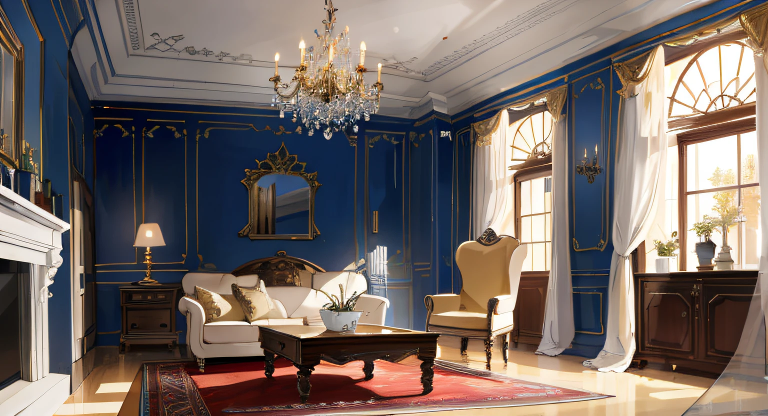 Bright early morning lighting, Scenes，liveroom，carpets，sofe，liveroom，well-illuminated， morning lighting, the morning sun, unreal-engine，;Sunshine in the early morning hours, morning lighting,In the daytime，Morning，Well-lit room，Increased brightness，