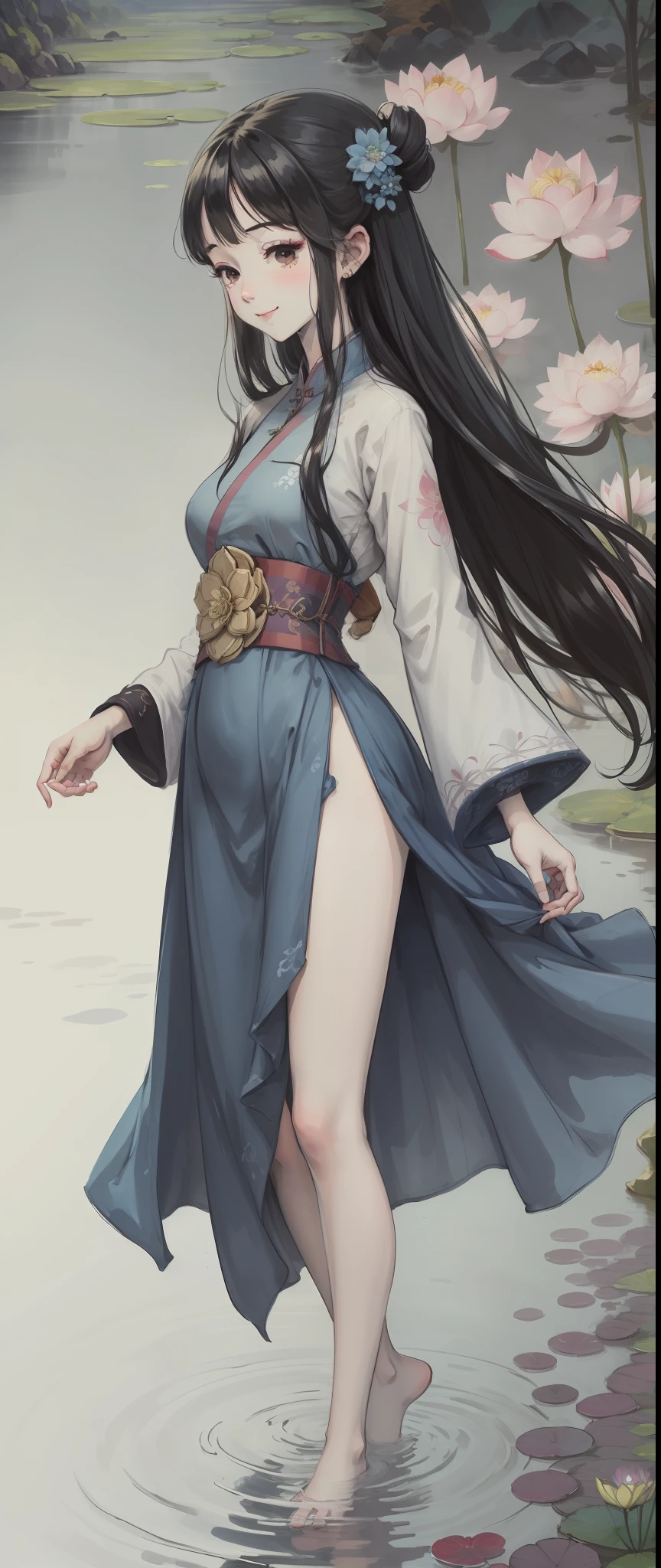 ((4k,masterpiece,best quality)), shuimobysim, traditional chinese ink painting, lotus, hanfu, maxiskit, dress conservatively 1girl, solo, long blue hair, smile, standing, feet in the water, barefoot,