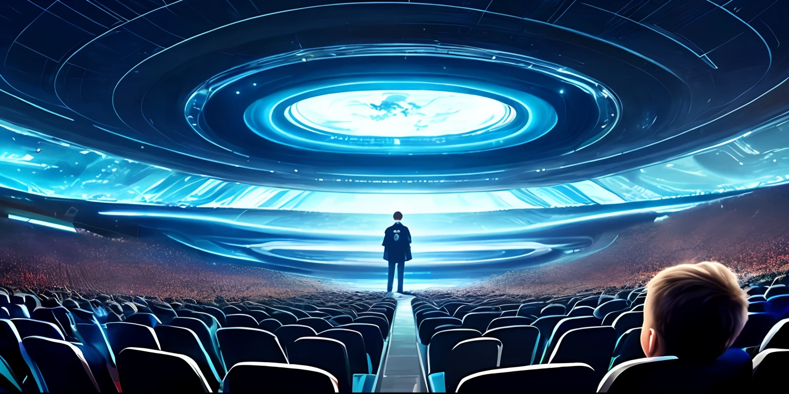 There is a boy who is looking at a futuristic theater, em uma arena futurista lotada de pessoas, arte conceitual para filme, animation film, animation film , Arte conceitual premiada, arte conceitual atmosfera deslumbrante, Hiper realista