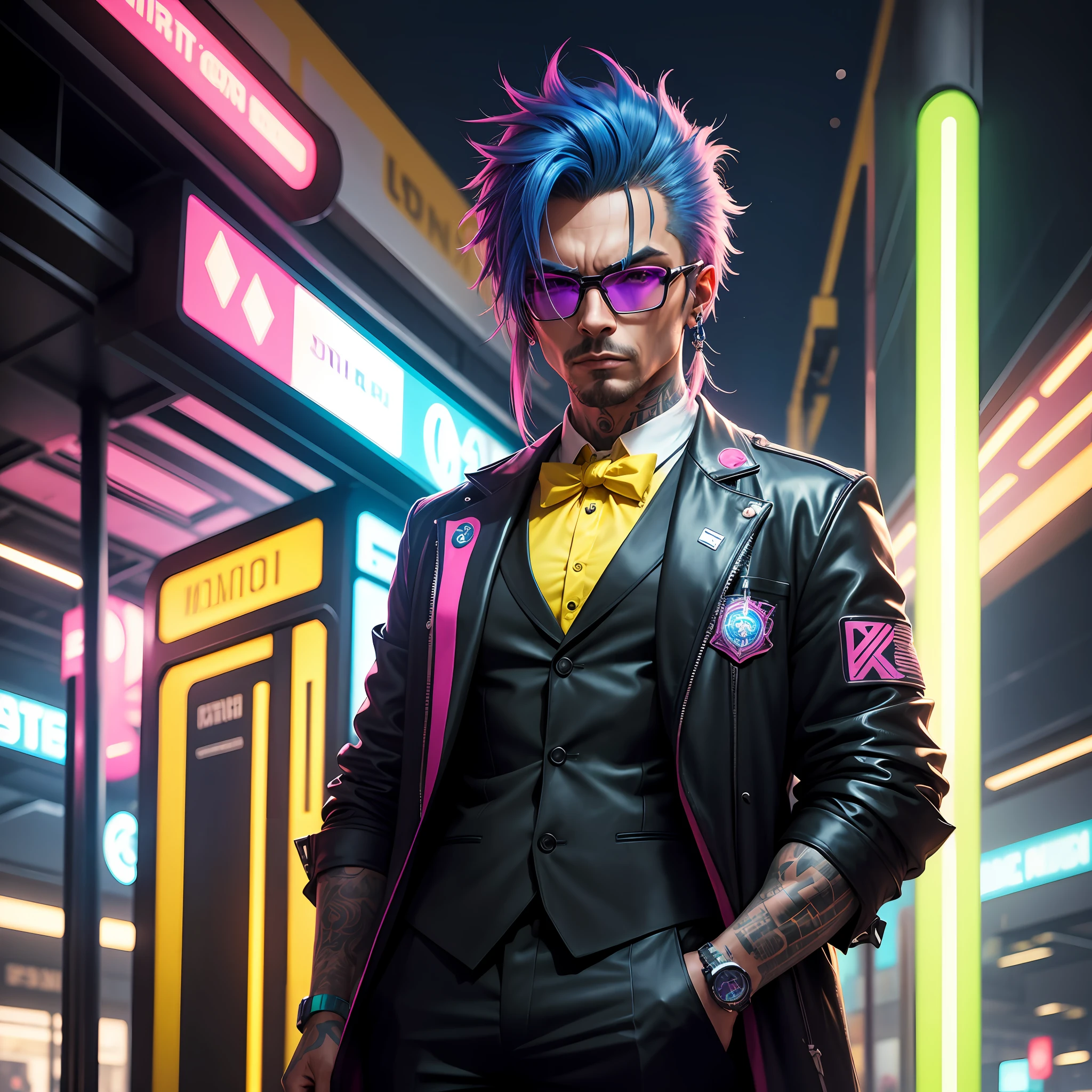 gostaria de uma imagem estilo cyberpunk em 4k de um homem de mais ou menos 45 anos , forte, de pele negra ,com cabelo punk estilo anos 80 na cor azul neon,cabelo azul ,muito eLegante,, futurista e estiloso neon , com uma tatuagem super colorida e com neon ,Toattoo, oculos futurista,oculos, facing a metro station on the platform , with station lights failing in a dimly lit environment, standing dressed in a dark yellow suit with a pink bow tie