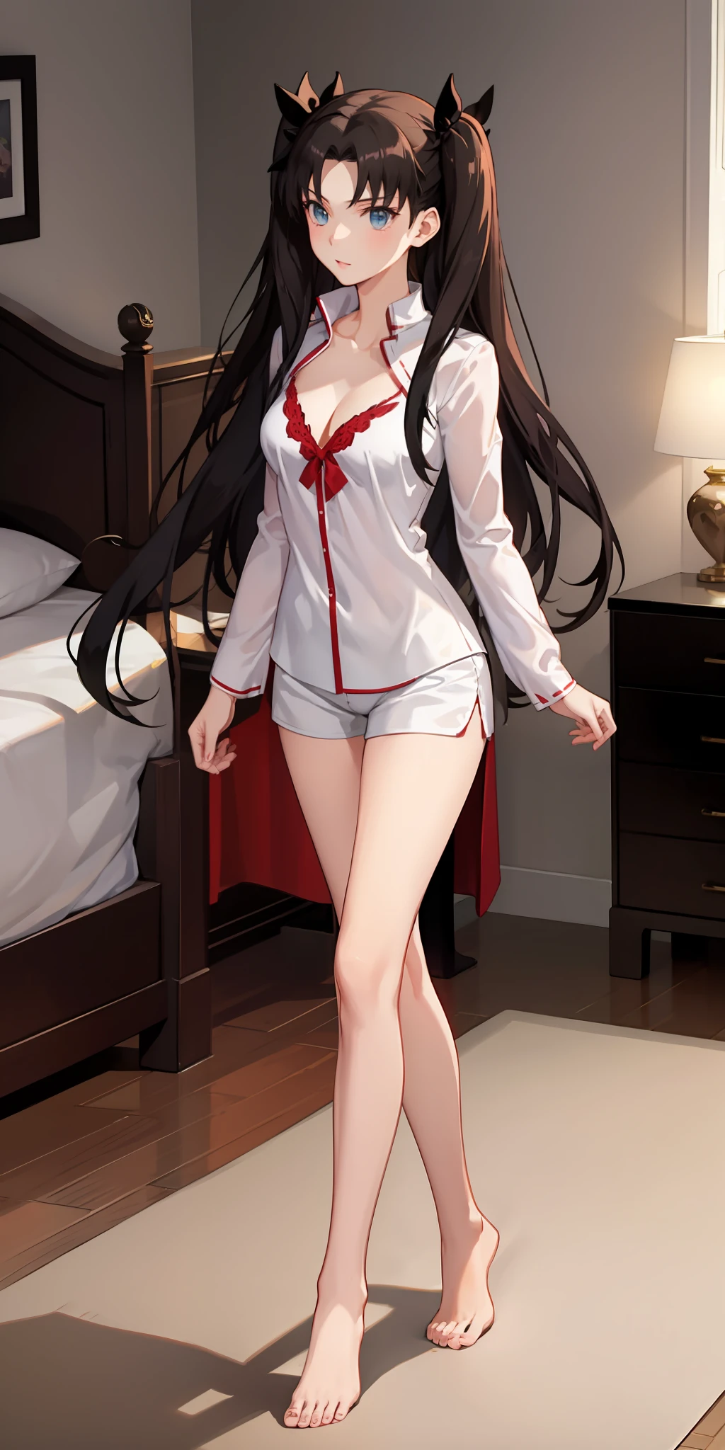 long hair, black hair, medium breast, slim legs, nervous, white pajamas, cleavage, bedroom, shorts, rin tohsaka, twin tail