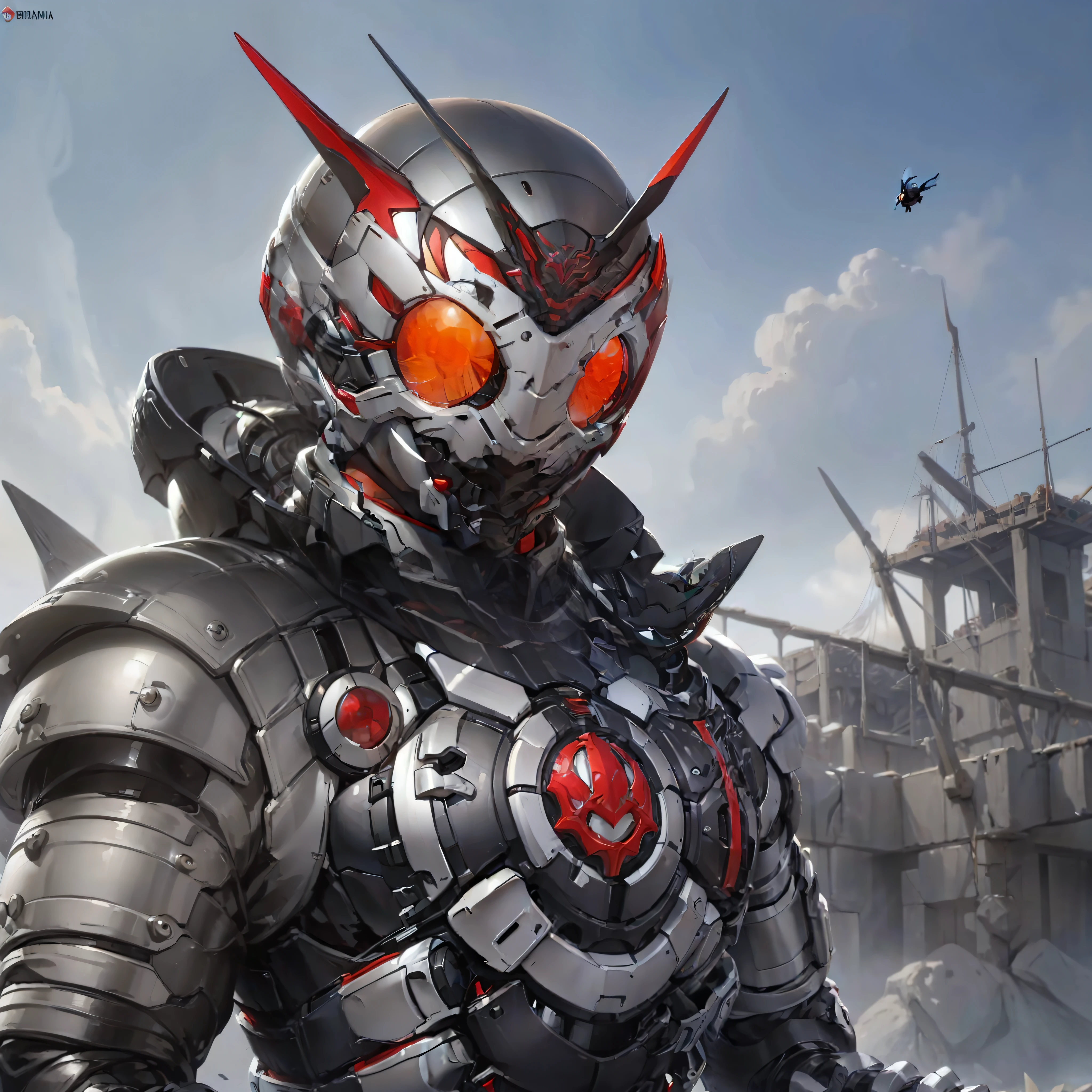 Hombre polilla, Grey moth biomechanical helmet, antenas de polilla, grandes ojos de insecto, cuerpo fornido, garras de insecto en manos y pies, grandes alas de polilla de colores rojos y azules con 3 ojos de ellas, postura imponente y majestuosa, semblante de veterano de guerra, aspecto amenazante