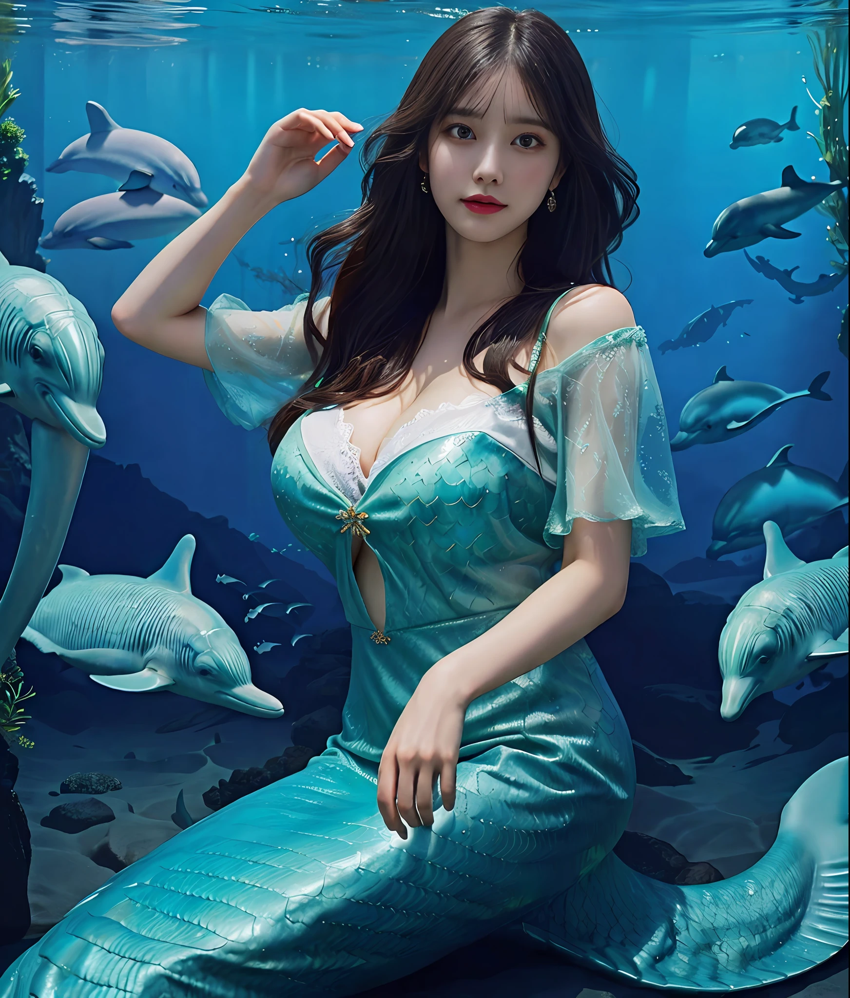 Top quality, 8k, 32k, Masterpiece, photo realistic, realistic, beautiful mermaid wearing green dress with dolphins and sea creatures in fantasy setting,fantasy art style,artgerm,wlop,artgerm highly detailed, woman with huge boobs, cleavage, intricate detail, super detail, super tall, highest detail, seamless, Stunning detail, fine detail , cinematic lighting, smooth and beautiful, CG, unity, 8k wallpaper, detail unity 8k CG wallpaper, stunning detail, high resolution,