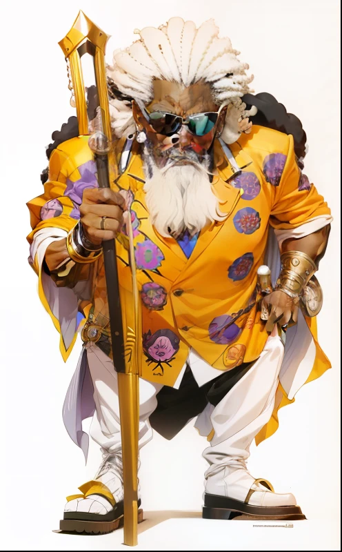 Old black man with gray black power hair carrying scepter and wearing sunglasses, submundo ao fundo, por artista "anime", anime, Japanese manga, afro, black oldman, from one piece, arte de anime, by One Piece --auto