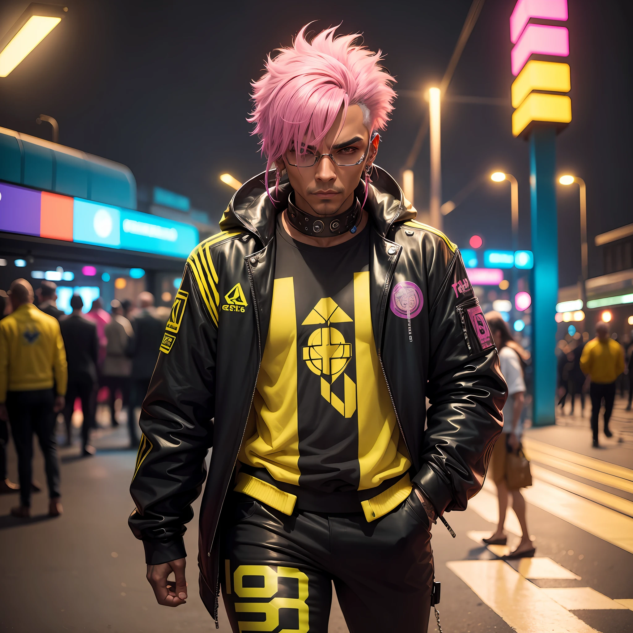 gostaria de uma imagem estilo cyberpunk em 4k de um homem de mais ou menos 50 anos , forte, de pele negra ,com cabelo punk estilo anos 80 na cor amarelo e cinza escuro,muito eLegante,, futurista e estiloso neon , com uma tatuagem super colorida e com neon ,Toattoo, facing a metro station on the platform , with station lights failing in a dimly lit environment, standing dressed in a dark yellow suit with a pink bow tie