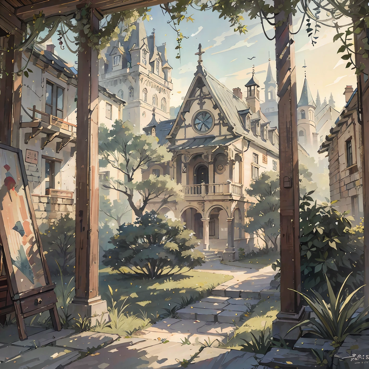 (masterpiece, best quality, beautiful art:1.4) in the tapestry of time, your story weaves a masterpiece, magical and dreamy, with surreal architecture designed by hieronymous bosch. The city is inspired by ancient roman buildings. It has many talli elements that fall like vines & ivy growing from its walls. The colors are very bright and vibrant, and they're in the style of unreal engine 5, highly detailed, intircate, (sharp focus:1.6), volumetric lighting, cinematic wallpaper, 8k, romantic