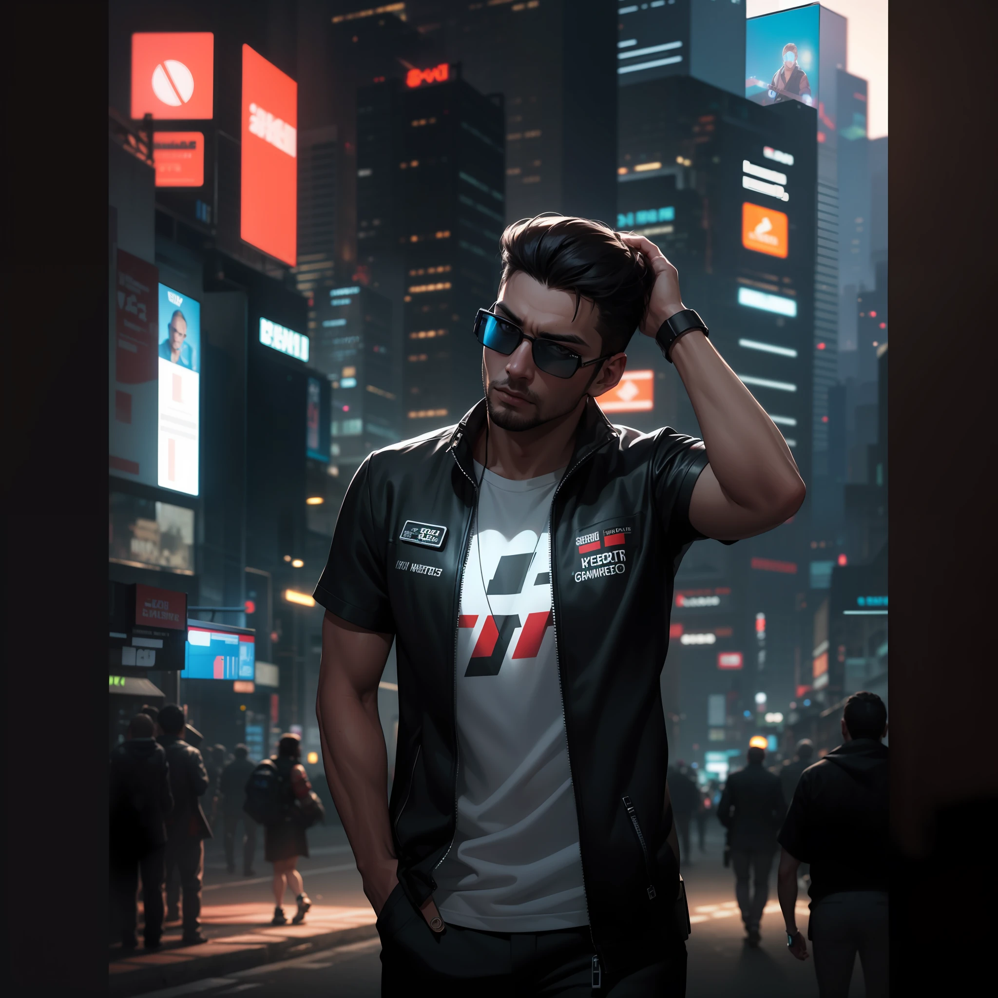 Generate a hyper-realistic 8k resolution image of a handsome man with a cyberpunk aesthetic. Remove the background and replace it with a cyberpunk cityscape. Enhance the realism of the man's face.