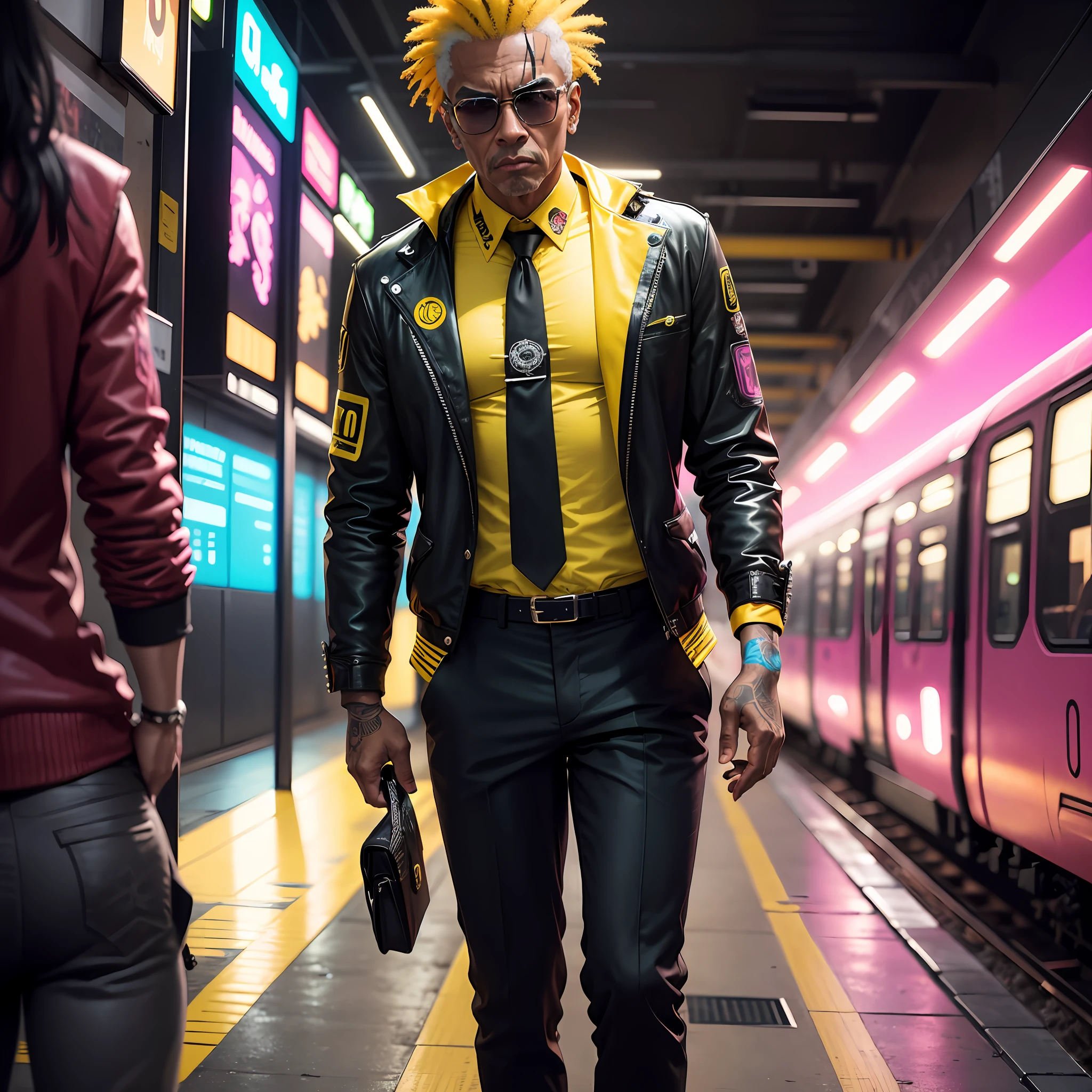 gostaria de uma imagem estilo cyberpunk em 4k de um homem de mais ou menos 50 anos , forte, de pele negra ,com cabelo punk estilo anos 80 na cor amarelo e cinza escuro,muito eLegante,, futurista e estiloso neon , com uma tatuagem super colorida e com neon ,Toattoo, facing a metro station on the platform , with station lights failing in a dimly lit environment, standing dressed in a dark yellow suit with a pink bow tie