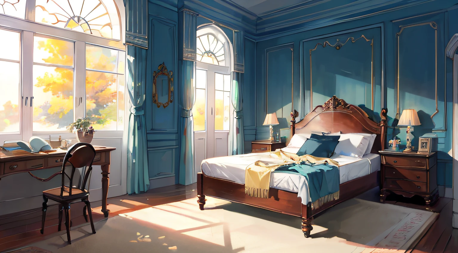 Realistic early morning lighting, Bedroom scene，carpets，Luxury bed，Study desk，The bedroom has light from the window， morning lighting, the morning sun, illusory engine ;Sunshine in the early morning hours, morning lighting,In the daytime，Morning，Well-lit room，