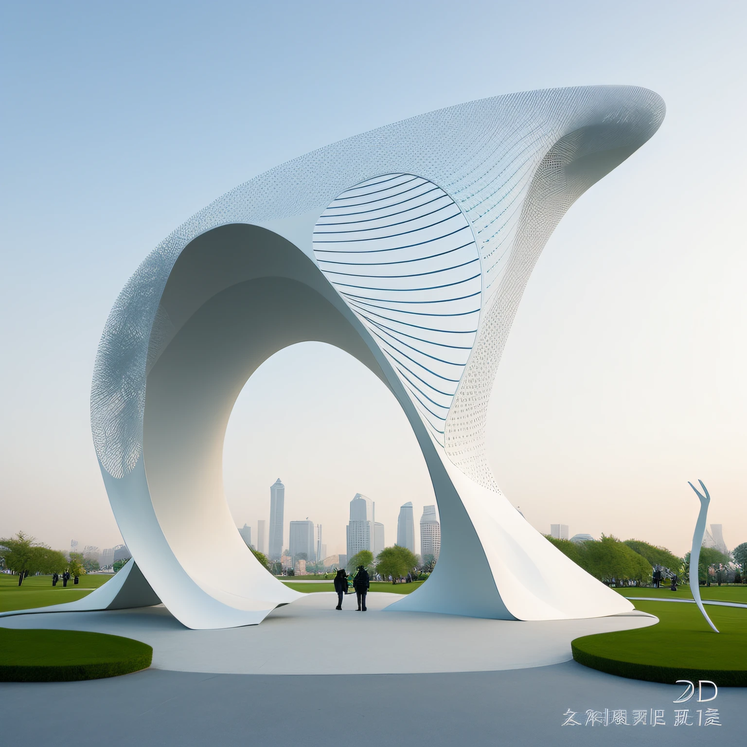 There is a large white sculpture in the middle of the park, high quality architectural art, , interesting shapes & Form, architecture art, futuristic architectural art, smooth architecture, modern sculpture, composition of and futuristic, inspired by Cheng Jiasui, parametric structure, portal. zaha hadid, 3d sculpture