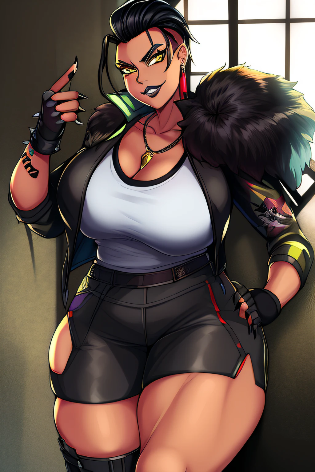 (masterpiece, best quality), MadMaggie, hair slicked back, yellow eyes, black lips, makeup, eyeshadow, black nails, facial tattoo on right cheek, looking at viewer, black jacket, spikes, white shirt, black footwear, black fingerless gloves, earrings, fur trim, necklace, huge breasts, massive breasts, gigantic breasts, humongous breasts, breasts pressed against window, thick thighs, wide hips, flirty, seductive, flaunting,