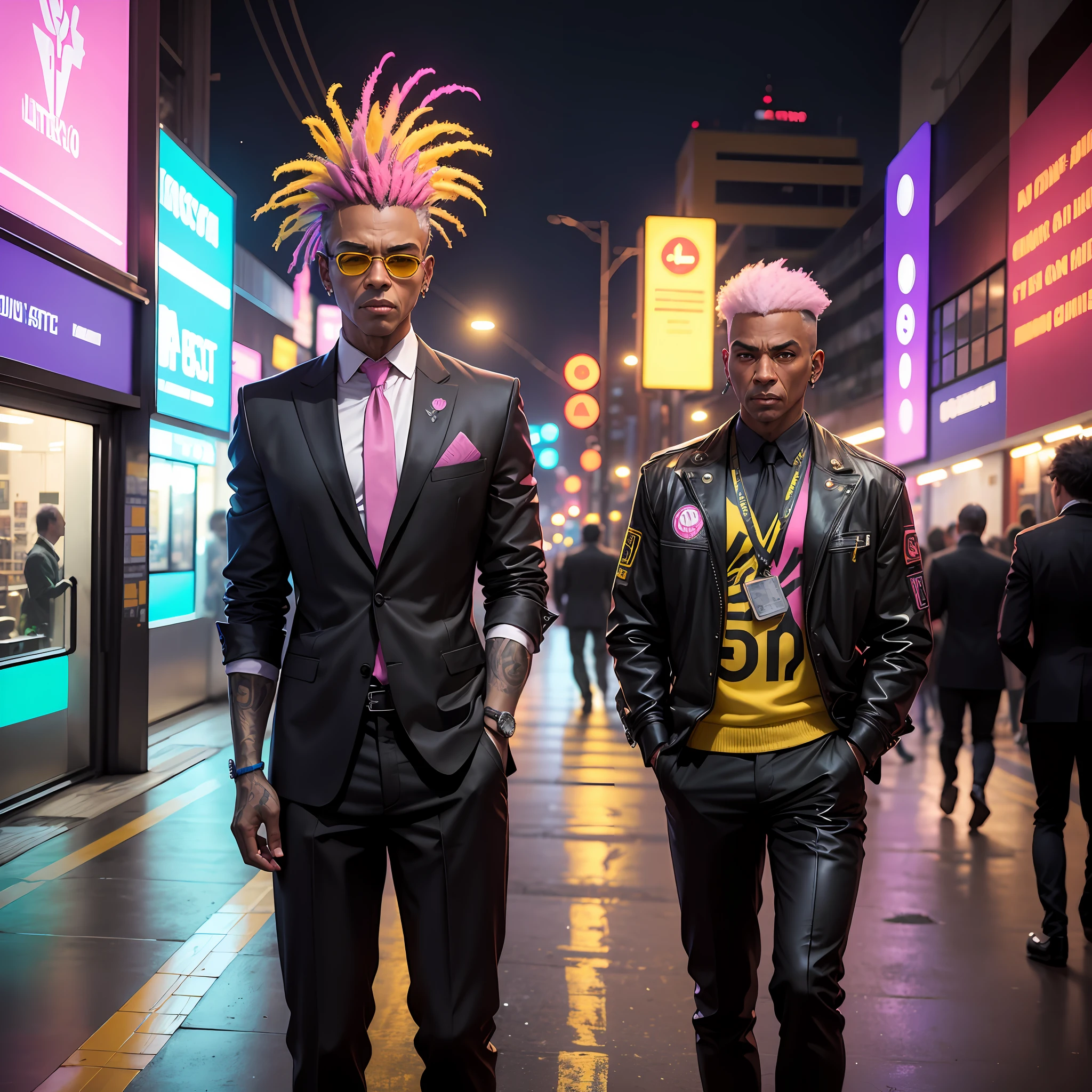 gostaria de uma imagem estilo cyberpunk em 4k de um homem de mais ou menos 50 anos , forte, de pele negra ,com cabelo punk estilo anos 80 na cor amarelo e cinza escuro,muito eLegante,,  futurista e estiloso neon , com uma tatuagem super colorida e com neon ,Toattoo, facing a metro station on the platform , with station lights failing in a dimly lit environment, standing dressed in a dark yellow suit with a pink bow tie