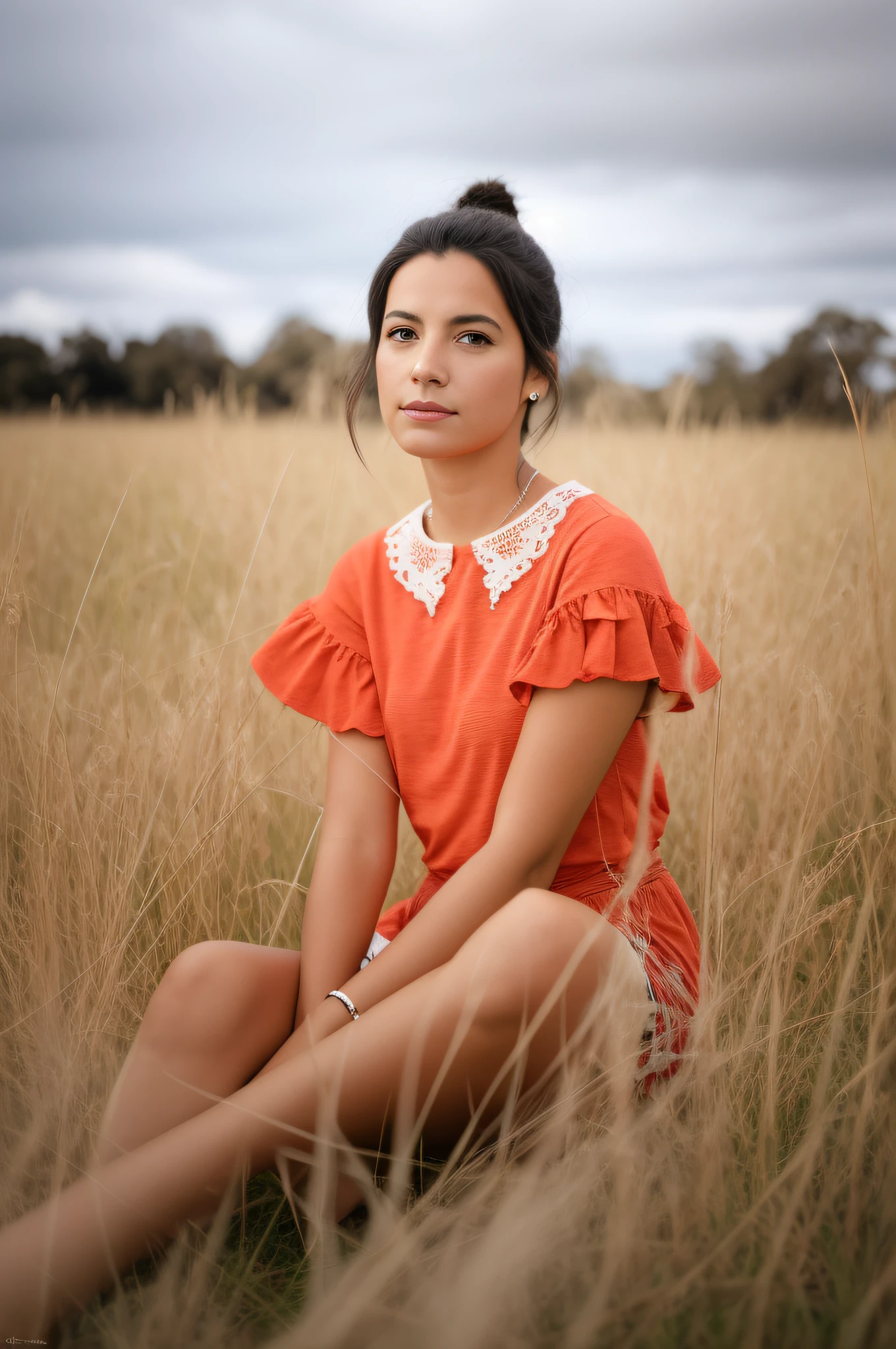There's a woman sitting on a field of tall grass, em um campo, em um campo gramado, sentado em um campo, em um campo de grama, standing in a grassy field, em campo seco, retrato, foto retrato, standing in grassy field, foto de retrato, em um prado, imagem retrato, Retrato no meio da foto, Standing in a field