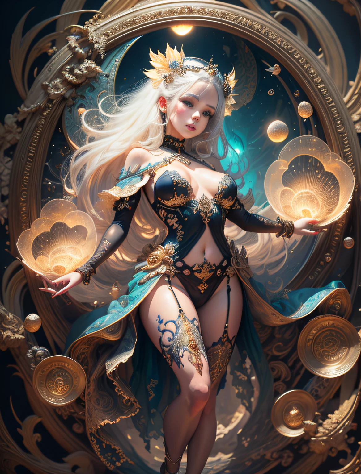 face by tom bagshaw art station, Moon Goddess, full length figure, contemptuous gaze, detailed face, 1.4), gold decoration, plain black background, beautiful Caucasian girl closeup, dynamic moving body, digital art, splash, full body, Sakimichan art, oriental mandala tattoo, fractal background, silver and gold and bronze spirit, floating antique clock, antique lamp, splash, seductive pose, visible pubic hair , visible small breasts, full body, beautiful European Caucasian girl, sexy lady beauty, bare breasts, open neckline, clothing transparent fabric, standing, realistic, highest detail, holy holy, golden eyes, heavenly palace, countless palaces, clouds, golden light, golden lotus, (tianchi bath), pubic hair view, splash, full body, Sakimichan art, slight smile, seductive pose, visible pubic hair, full body, transparent clothes, Jean-Bapti style ste monge, shiny, beautiful girl, glittering, cute adorable filigree, edge lighting, lights, surreal, fantasy, digital art, wlop, artgerm and james jean, floating antique clock, antique lamp, floating antique clock, tom bagshaw art station face, the perfect masterpiece, highest quality, the perfect artwork, 8K, upper body lens, frontal portrait, delicate face, looking at the audience, beautiful girl, magical transparent eyes, platinum hair and 3d fractals, colorful illustration, anime cartoon style, face of tom bagshaw art station, dreamy glow, golden, goddess maiden, flame, flowing female full body, close-up of beautiful caucasian girl, body in motion dynamic, fluent, 3d fractals, light particles, spiritual ink, soft, glittering, minimalistic style, 16k, intricate art masterpiece, open legs, see-through clothing, goddess maiden , 1 sexy girl in transparent forest clothes, exposed breasts, open transparent T-shirt