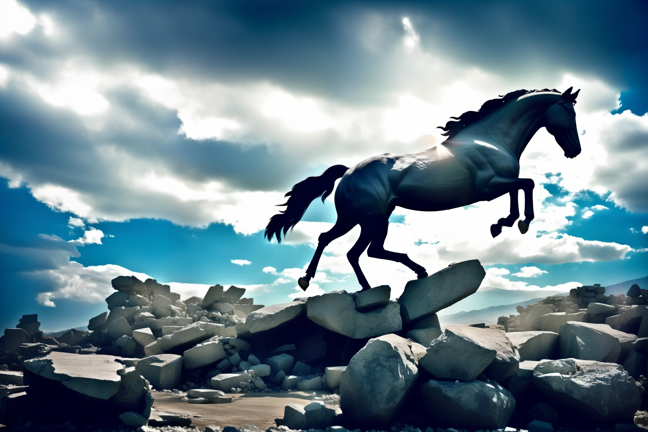 Marble sculpture of a horse running on pedestal of rocks and hair in the wind in a destroyed place, cinematography, Epic light and shadow, mucho contraste, profesional photography