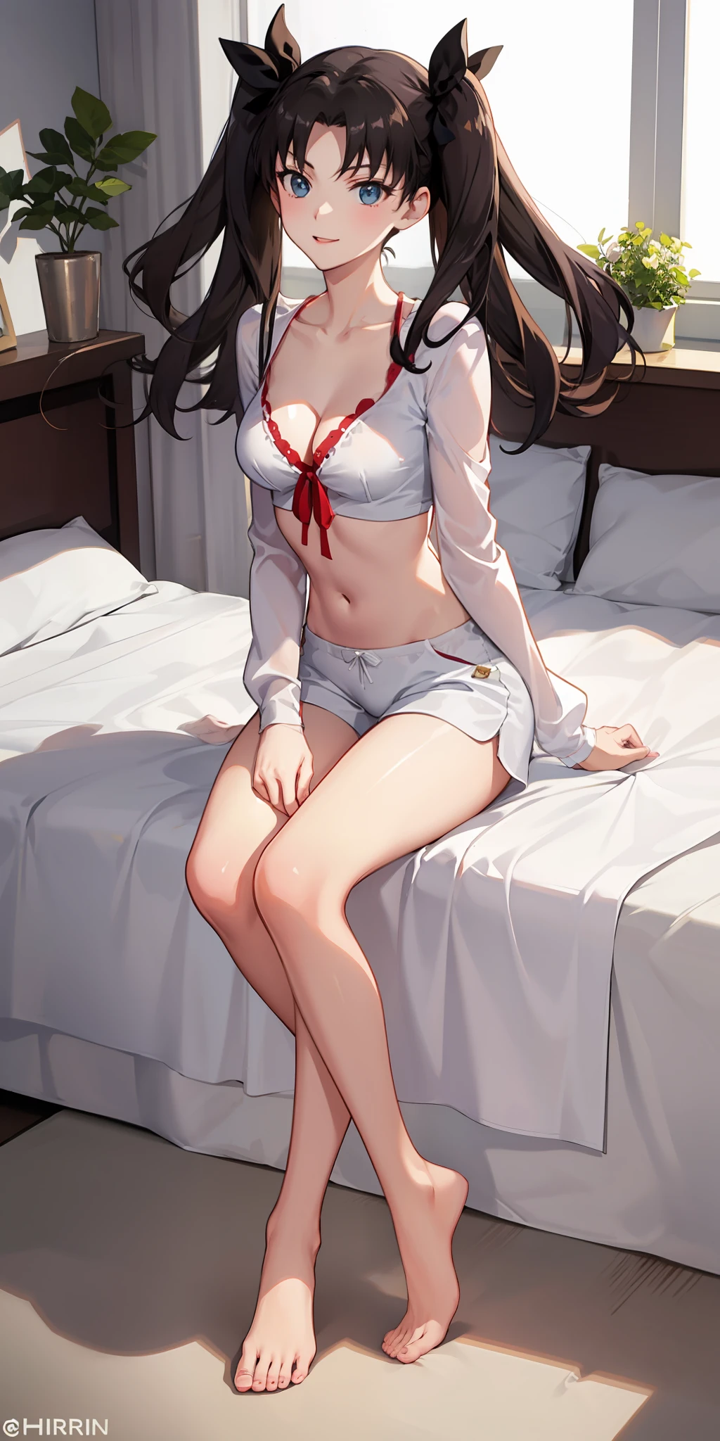 long hair, black hair, medium breast, slim legs, happy, white pajamas, cleavage, bedroom, shorts, rin tohsaka, twin tail