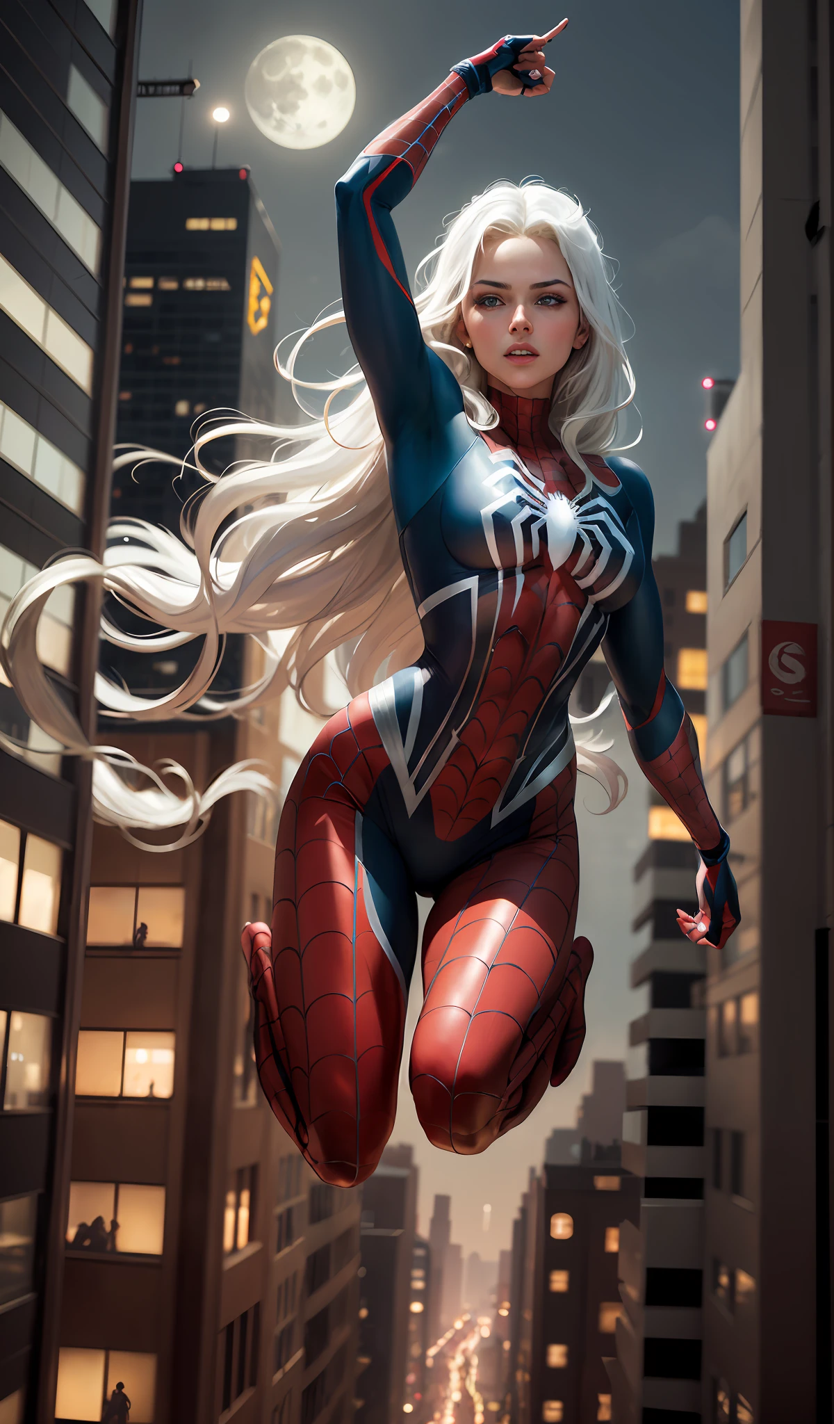 (Masterpiece, 4k resolution, ultra-realistic, very detailed), (White superhero theme, charismatic, there's a girl on top of town, wearing Spider-Man costume, she's a superhero), [ ((25 years), (long white hair:1.2), full body, (blue eyes:1.2), ((Spider-Man pose),show of strength, jumping from one building to another), ((sandy urban environment):0.8)| (cityscape, at night, dynamic lights), (full moon))] # Explanation: The Prompt mainly describes a 4K painting of ultra-high definition, very realistic, very detailed. It shows a superheroine at the top of the city, wearing a Spider-Man costume. The theme in the painting is a white superhero theme, the female protagonist has long white hair, is 25 years old and her entire body is shown in the painting. In terms of portraying the actions of superheroines, spiders are employed