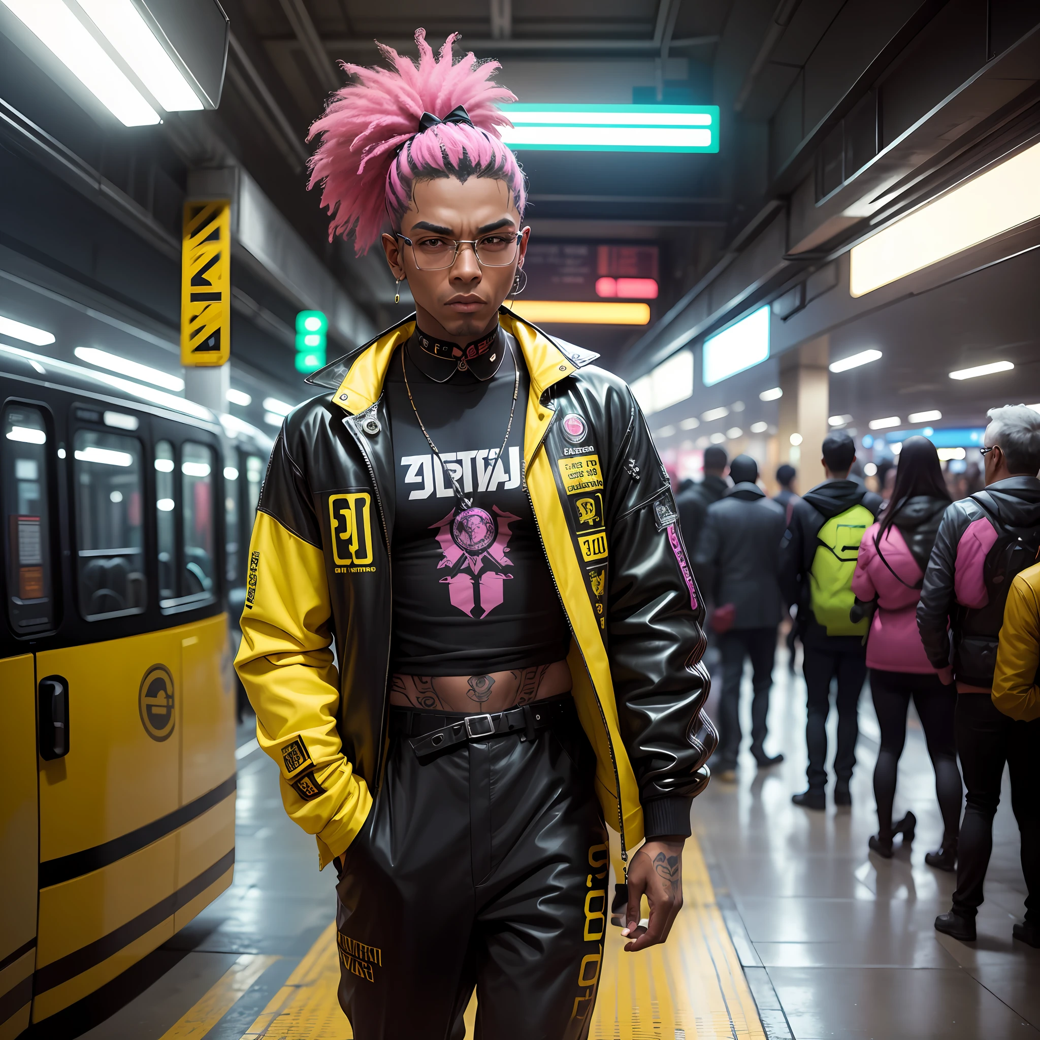 gostaria de uma imagem estilo cyberpunk em 4k de um homem de mais ou menos 50 anos , forte, de pele negra ,com cabelo punk estilo anos 80 na cor amarelo e cinza escuro,muito eLegante,, futurista e estiloso neon , com uma tatuagem super colorida e com neon ,Toattoo, facing a metro station on the platform , with station lights failing in a dimly lit environment, standing dressed in a dark yellow suit with a pink bow tie