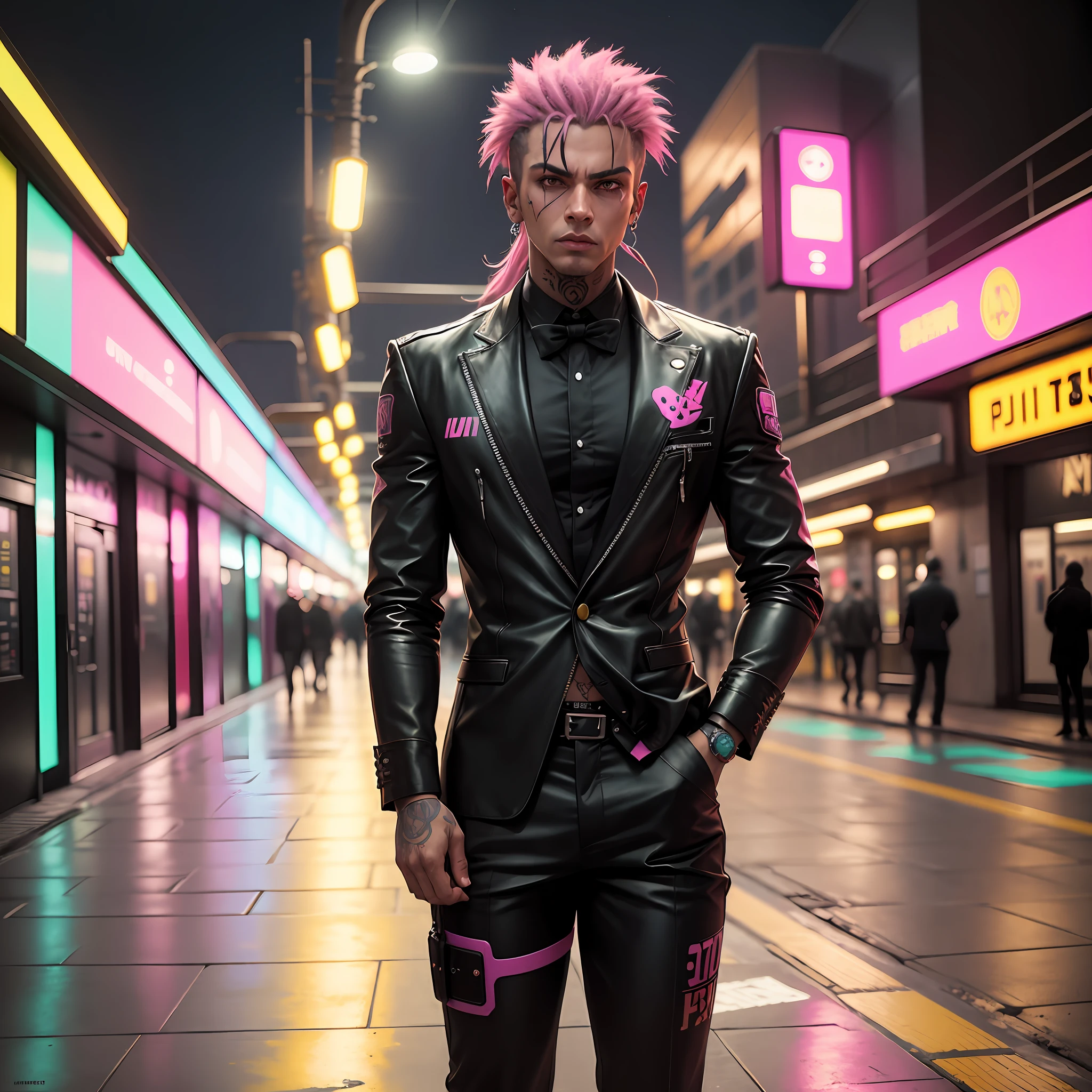 gostaria de uma imagem estilo cyberpunk em 4k de um homem de mais ou menos 50 anos , forte, de pele negra ,com cabelo punk estilo anos 80 na cor amarelo e cinza escuro,muito eLegante,, futurista e estiloso neon , com uma tatuagem super colorida e com neon ,Toattoo, facing a metro station on the platform , with station lights failing in a dimly lit environment, standing dressed in a dark yellow suit with a pink bow tie