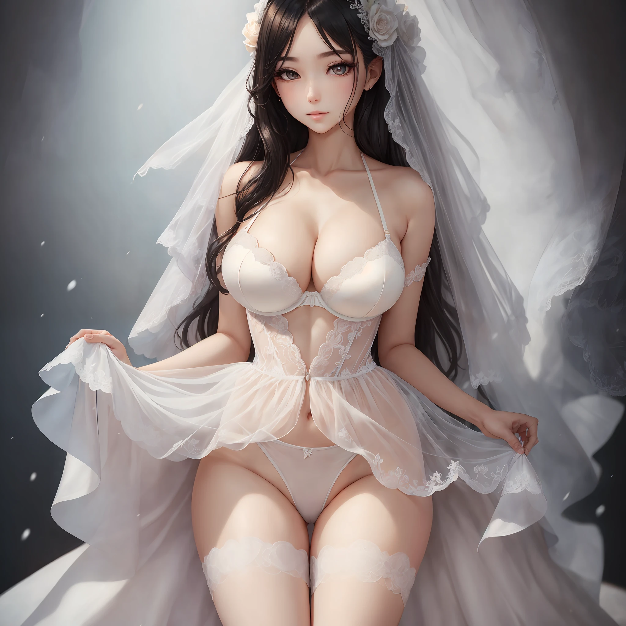 NSFW，（Reality Photos:1.35），（realisticlying:1.35），（Real human photos:1.35），Best Masterpiece，Best picture quality，Ultra-fine image quality，Fine details，Luxurious background，（Realiy:1.35），Young beautiful woman wearing wedding dress，（Comely，Glamorous，adolable，ellegance:1.5），（Seductive expressions:1.2），High bun，Delicate hair accessories，（Slender beautiful legs:1.35），（Tall:1.5），（gigantic cleavage breasts:1.5），（Elegantly highlighted，Correct body proportions，（Fully transparent wedding dress:1.35），（Extremely exposed wedding dresses:1.35），Bra drop，Panties drop，（legs separated:1.35），（Bare legs:1.35），Snow-white skin，Black hair，（The crotch is faintly black:1.5），Camel toes --auto