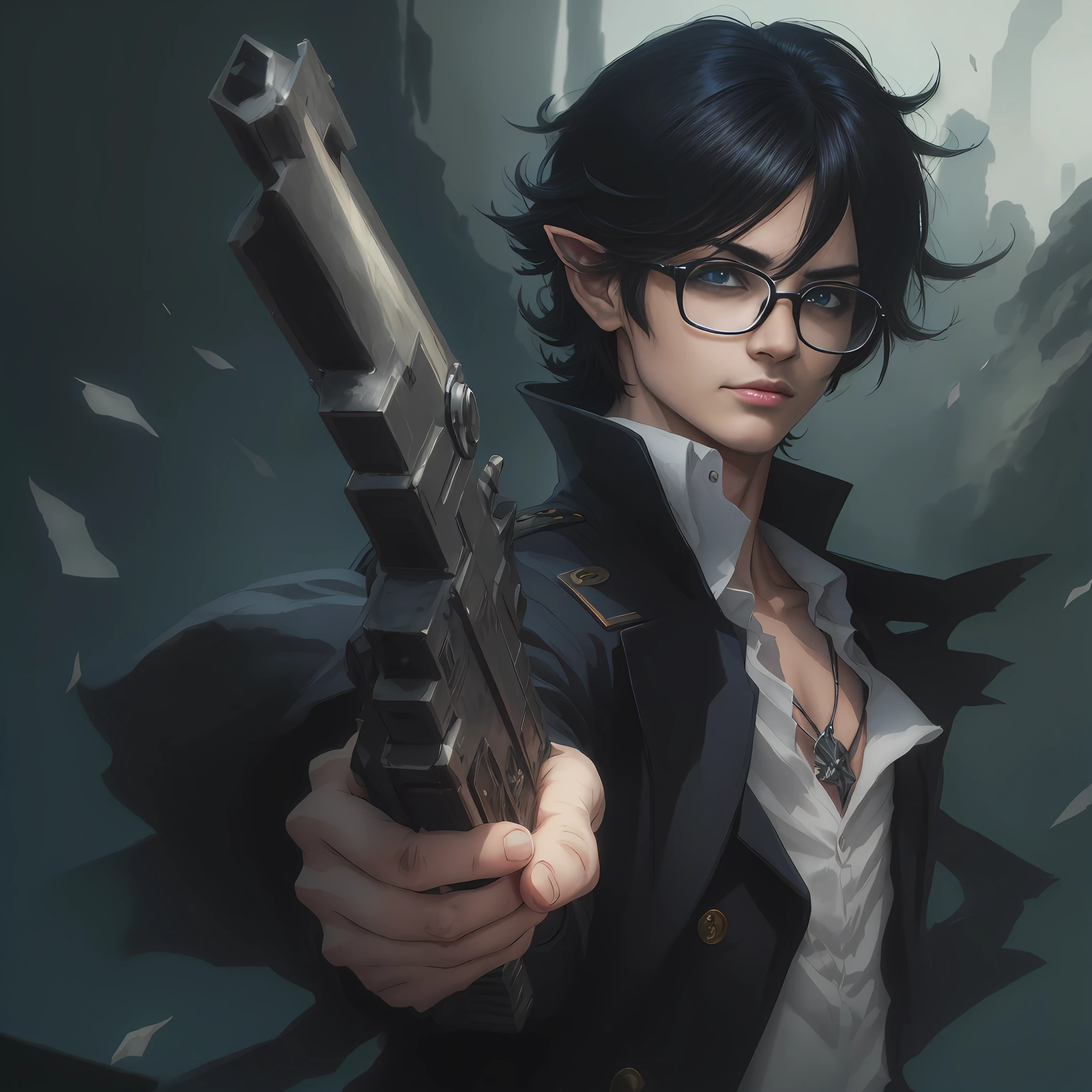 anime character with a gun in hand and a dark background, gama murata e Artgerm, Artgerm extremamente detalhado, Modelo IG | Artgerm, Estilo de Stanley Artgerm, Stanley Artgerm Lau, Arte no estilo de Guweiz, Stanely Artgerm, retrato Artgerm, Artgerm e Ilya Kushinov