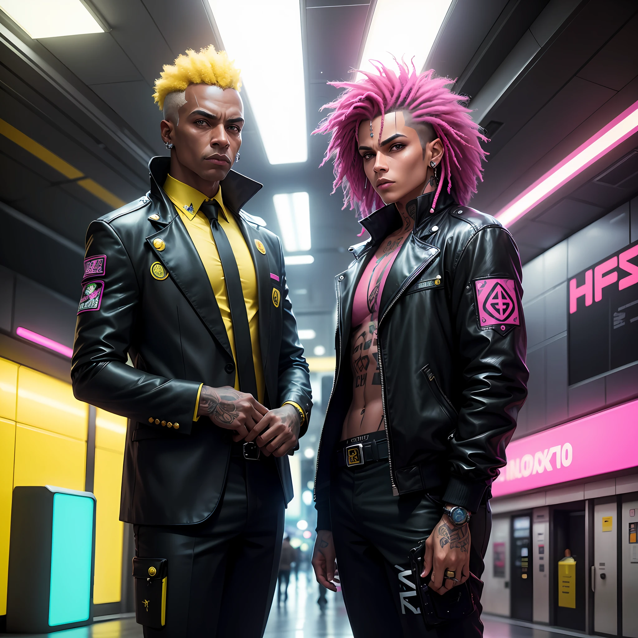 gostaria de uma imagem estilo cyberpunk em 4k de um homem de mais ou menos 50 anos , forte, de pele negra ,com cabelo punk estilo anos 80 na cor amarelo e cinza escuro,muito eLegante,, futurista e estiloso neon , com uma tatuagem super colorida e com neon ,Toattoo, facing a metro station on the platform , with station lights failing in a dimly lit environment, standing dressed in a dark yellow suit with a pink bow tie