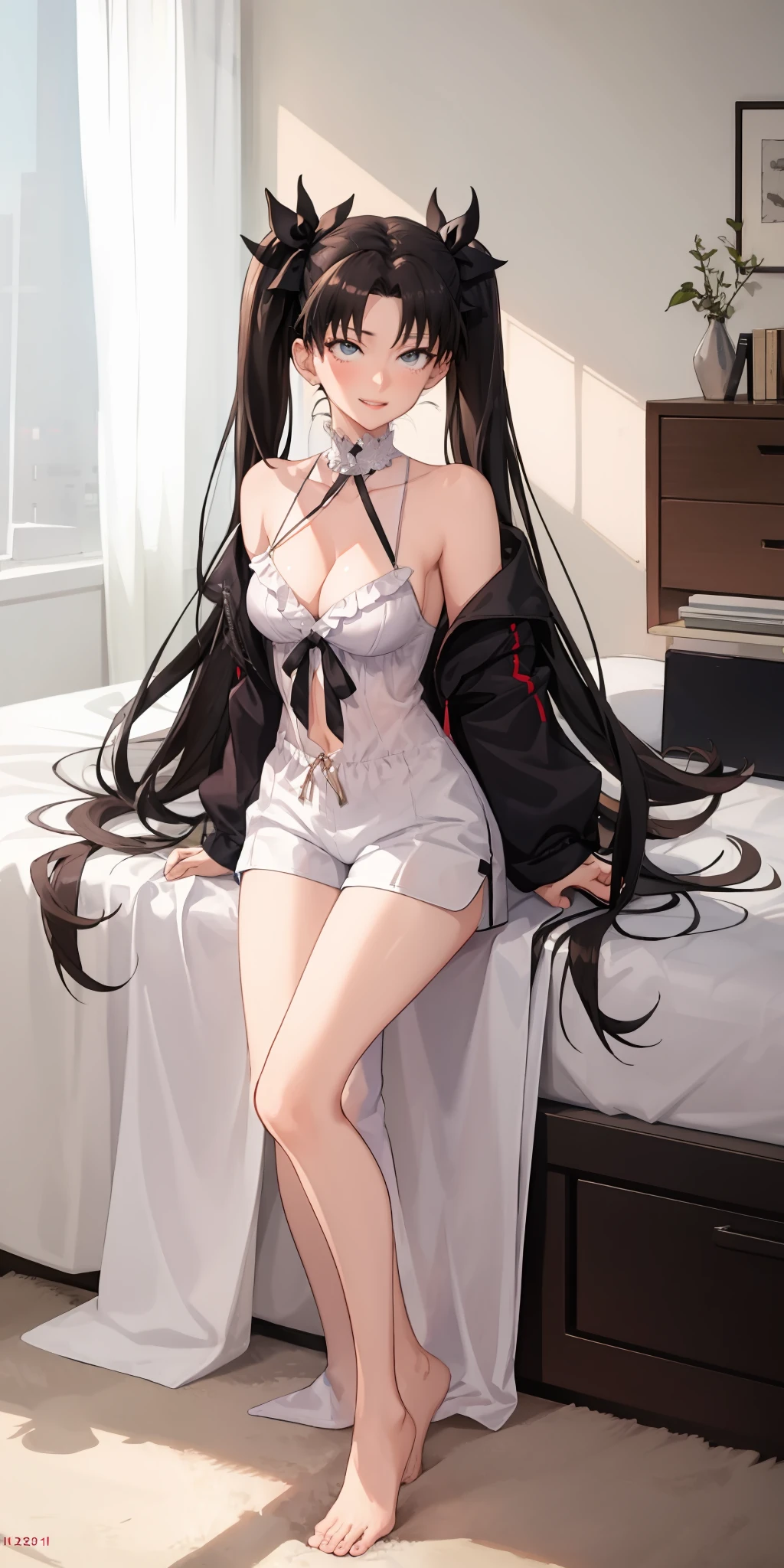 long hair, black hair, medium , slim legs, happy, white pajamas, cleavaoom, shorts, rin tohsaka, twin tail, ahegou, rolling eyes