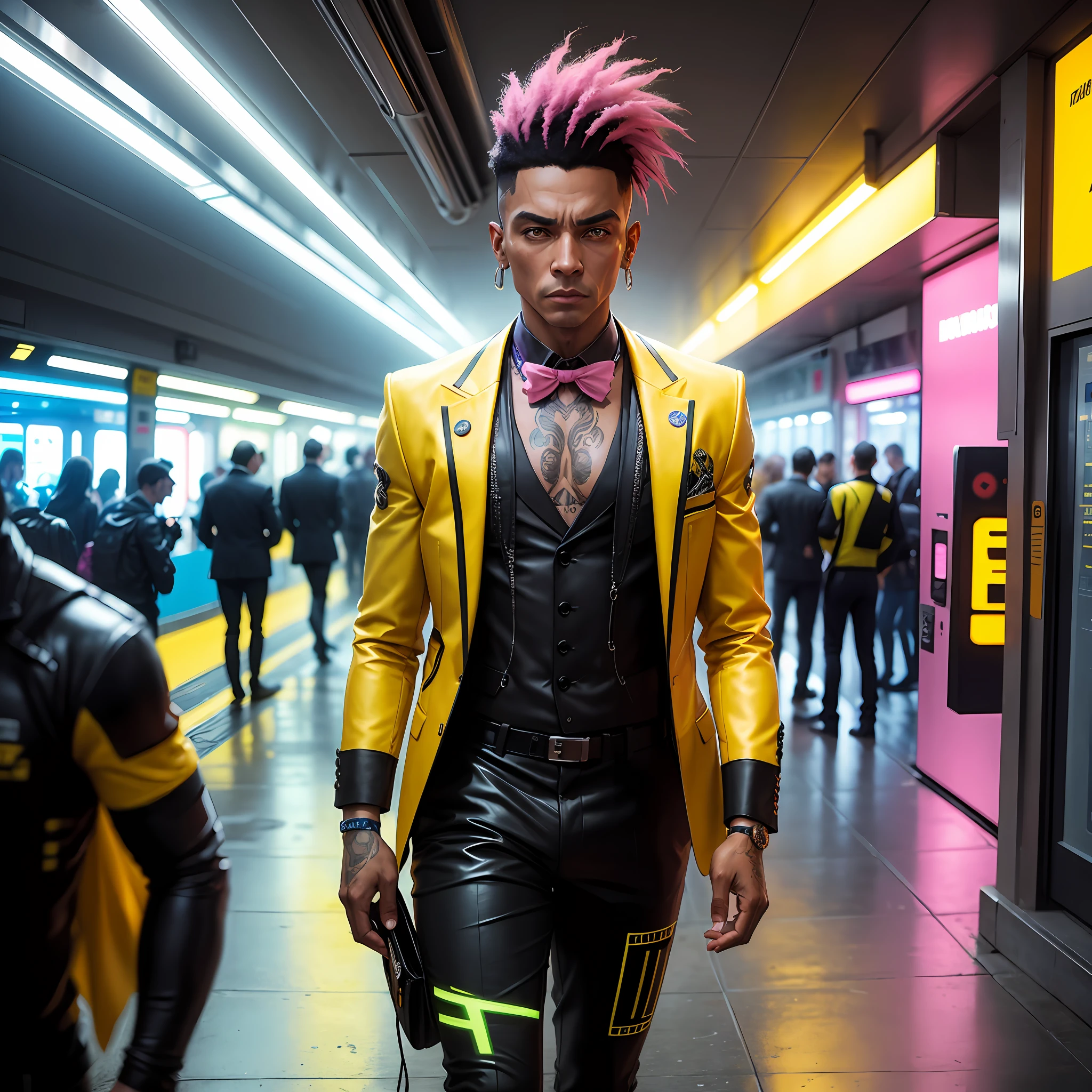 gostaria de uma imagem estilo cyberpunk em 4k de um homem de mais ou menos 50 anos , forte, de pele negra ,com cabelo punk estilo anos 80 na cor amarelo e cinza escuro,muito eLegante,,  futurista e estiloso neon , com uma tatuagem super colorida e com neon ,Toattoo, facing a metro station on the platform , with station lights failing in a dimly lit environment, standing dressed in a dark yellow suit with a pink bow tie