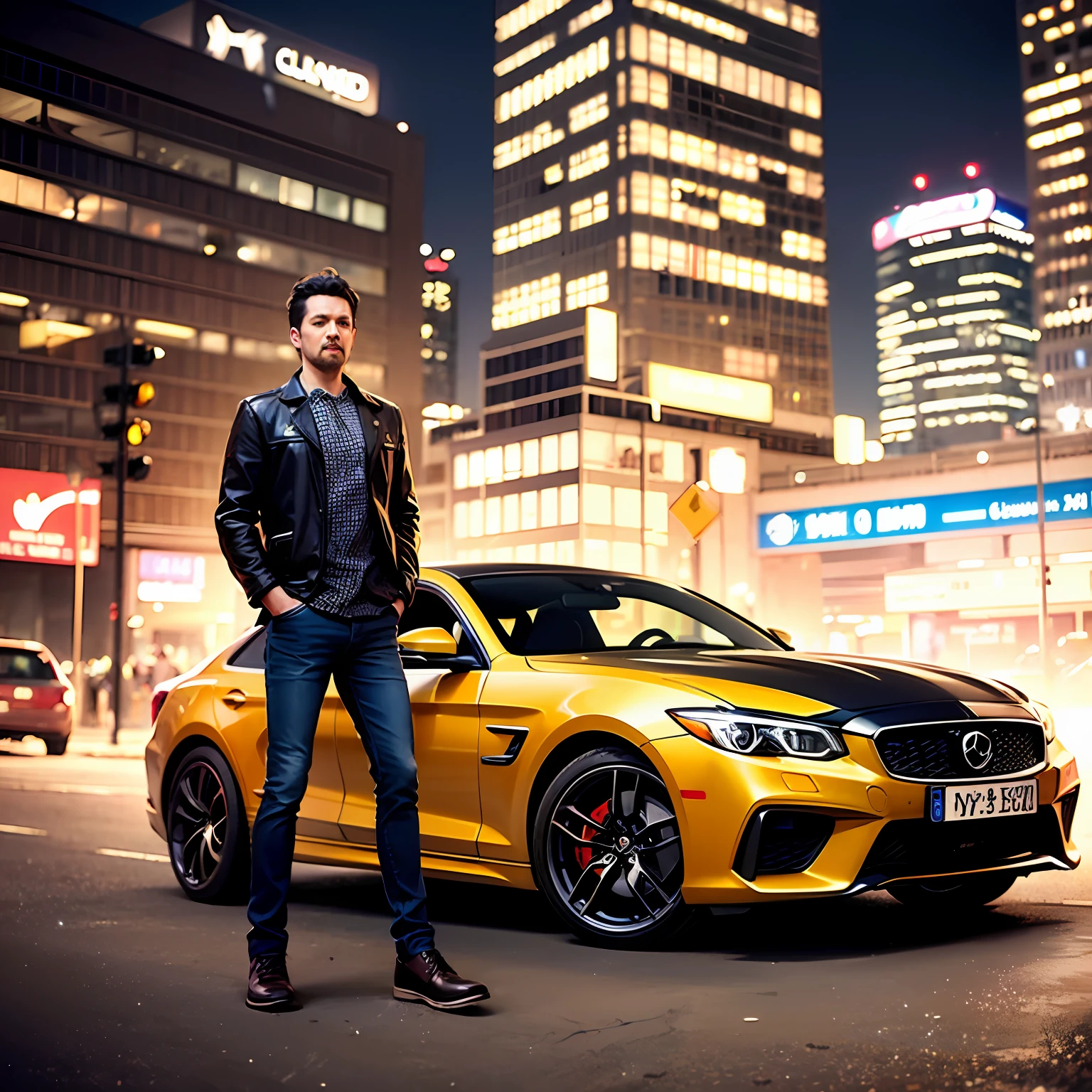 Imagine a city with buildings and lots of neon lights, a spectacular car, foreground, high image quality, (masterpiece:1.2) (bokeh) (best quality) (detailed skin) (detailed texture) (8k) (claymation) (cinematic lighting) (sharp focus --auto