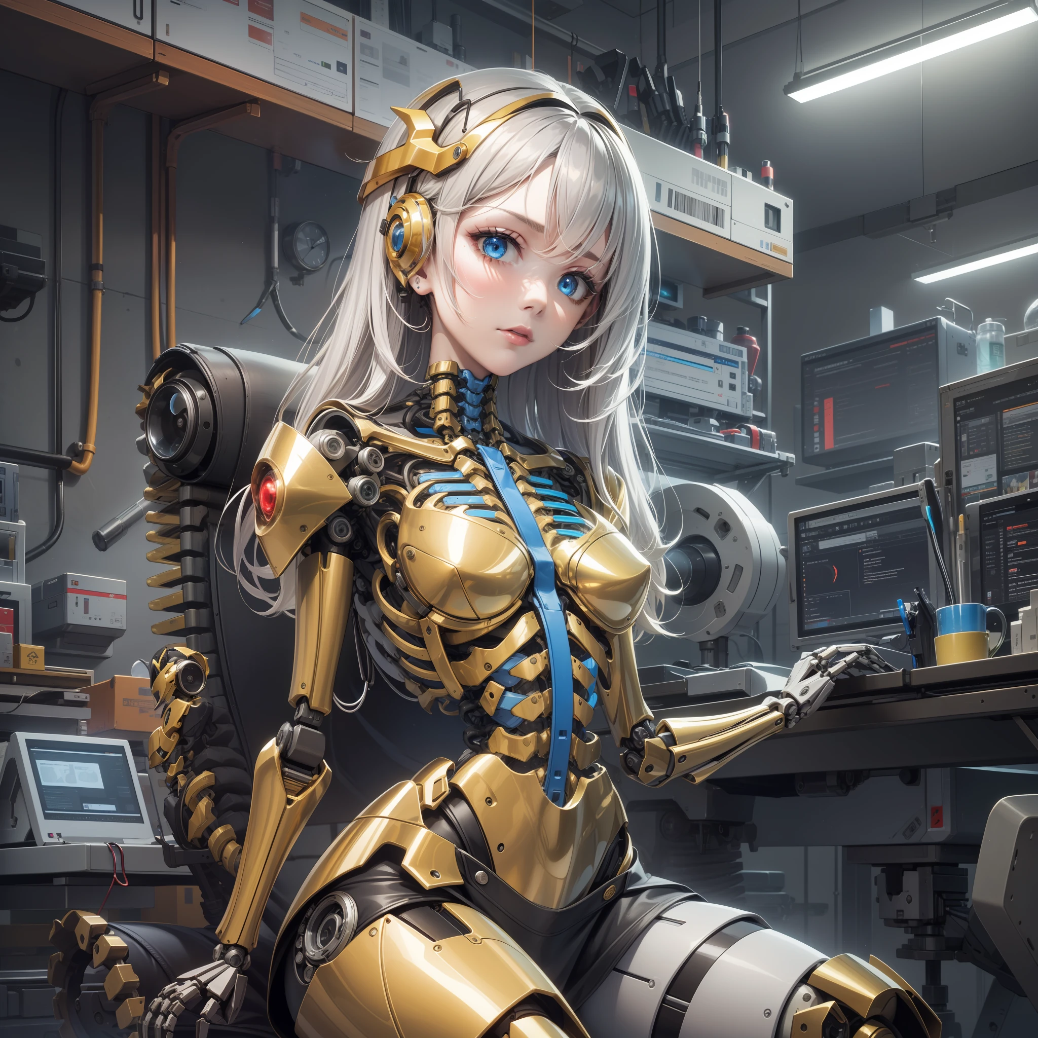 (Golden Ratio:1.2),high detail,[(grey background:1.4)::10],(masterpiece), (best quality), (ultra detailed),(disheveled hair),(illustration),(1girl:1.3),A mechanical girl,blonde hair,blue eyes,Half squinted,T-shirt,short skirt,Pick up your clothes,(Mechanical crotch:1.3),(Mechanical spine),(mechanical skeleton:1.3),Blue signal light,(Fiber optic cable:1.1),machine parts,(Mechanical exoskeleton),((Exposed mechanical spine:1.3)),cyberpunk,High-tech laboratory interior,Several mechanical prosthetics hang on the walls,Girl sitting in a gaming chair full of futuristic wind,(The robotic arm holds the stethoscope and presses it to the stomach:1.3),This is an auscultation,UHD, retina, anatomically correct, textured skin, super detail, best quality, highres