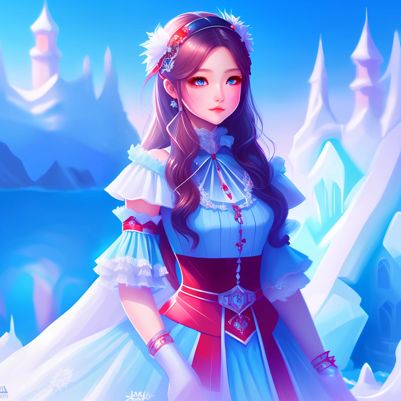 super fine illustration, highly detailed beautiful face and eyes, look at viewer, cowboy shot, solo, dynamic angle, an extremely cute and beautiful girl, beautiful long hair, beautiful detailed ice dress with frill, long skirt, ice castle in background, blue tone, red clear lips. --auto