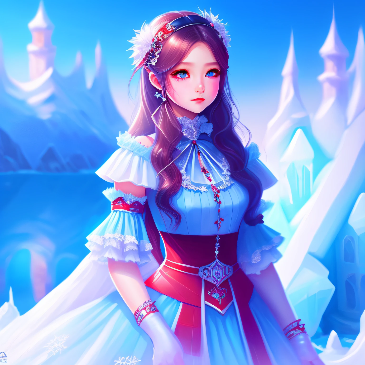 super fine illustration, highly detailed beautiful face and eyes, look at viewer, cowboy shot, solo, dynamic angle, an extremely cute and beautiful girl, beautiful long hair, beautiful detailed ice dress with frill, long skirt, ice castle in background, blue tone, red clear lips. --auto