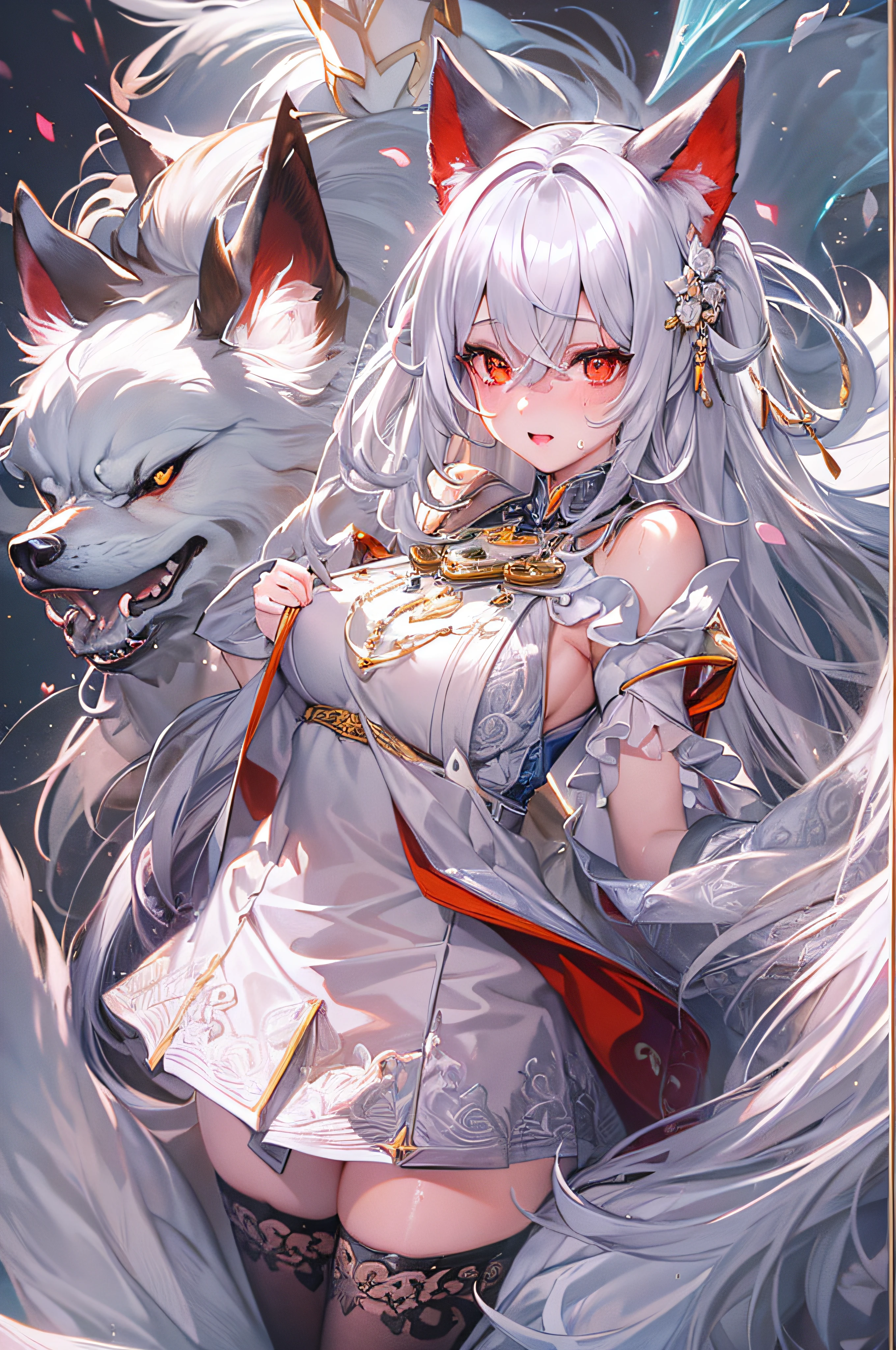 (masterpiece, top quality, best quality, official art, beautiful and aesthetic:1.2), (1girl:1.3), (fractal art:1.3),absurd, masterpiece, best quality, realistic, hyper-detailed, (shiny skin, sweaty:1.4), looking at viewer, slender, 1girl, solo,  white sneakers, white miniskirt, long hair, twin tails, princess cut, white hair, red eyes, (thick thighs:0.5), dynamic lighting, high resolution, sharp focus, depth of field, medium breasts, side boob, wolf girl, animal, wolf ears, masterpiece, best quality, ultra-detailed, illustration, ultra-detailed face, best quality face, evil, 18 years old, adult, 1girl, 18 years old, white hair, alchemy outfit, intricate detailed outfit, sexy pose, glowing red dress, cute, kawaii, digital art, finely detailed eyes, blushing, red cheeks