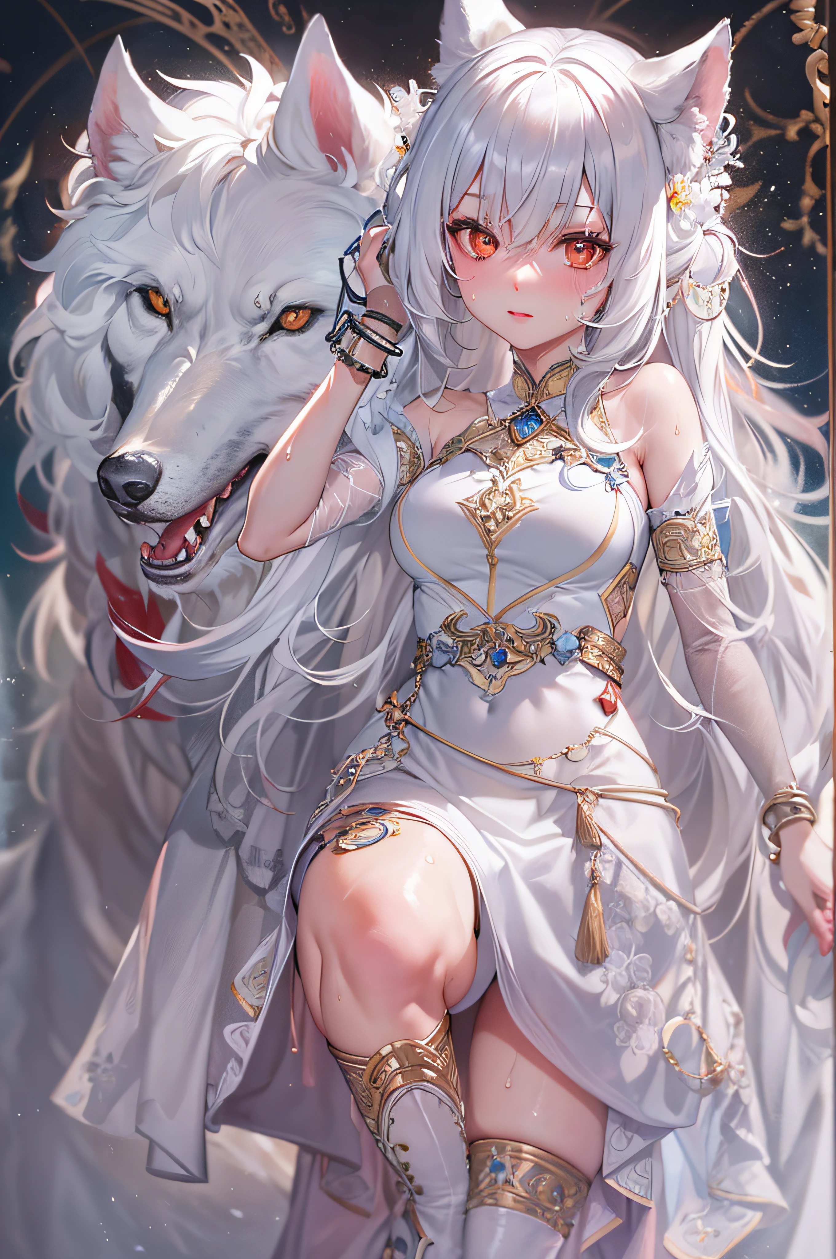 (masterpiece, top quality, best quality, official art, beautiful and aesthetic:1.2), (1girl:1.3), (fractal art:1.3),absurd, masterpiece, best quality, realistic, hyper-detailed, (shiny skin, sweaty:1.4), looking at viewer, slender, 1girl, solo, white sneakers, white miniskirt, long hair, twin tails, princess cut, white hair, red eyes, (thick thighs:0.5), dynamic lighting, high resolution, sharp focus, depth of field, medium breasts, side boob, wolf girl, animal, wolf ears, masterpiece, best quality, ultra-detailed, illustration, ultra-detailed face, best quality face, evil, 18 years old, adult, 1girl, 18 years old, white hair, alchemy outfit, intricate detailed outfit, sexy pose, glowing red dress, cute, kawaii, digital art, finely detailed eyes, blushing, red cheeks