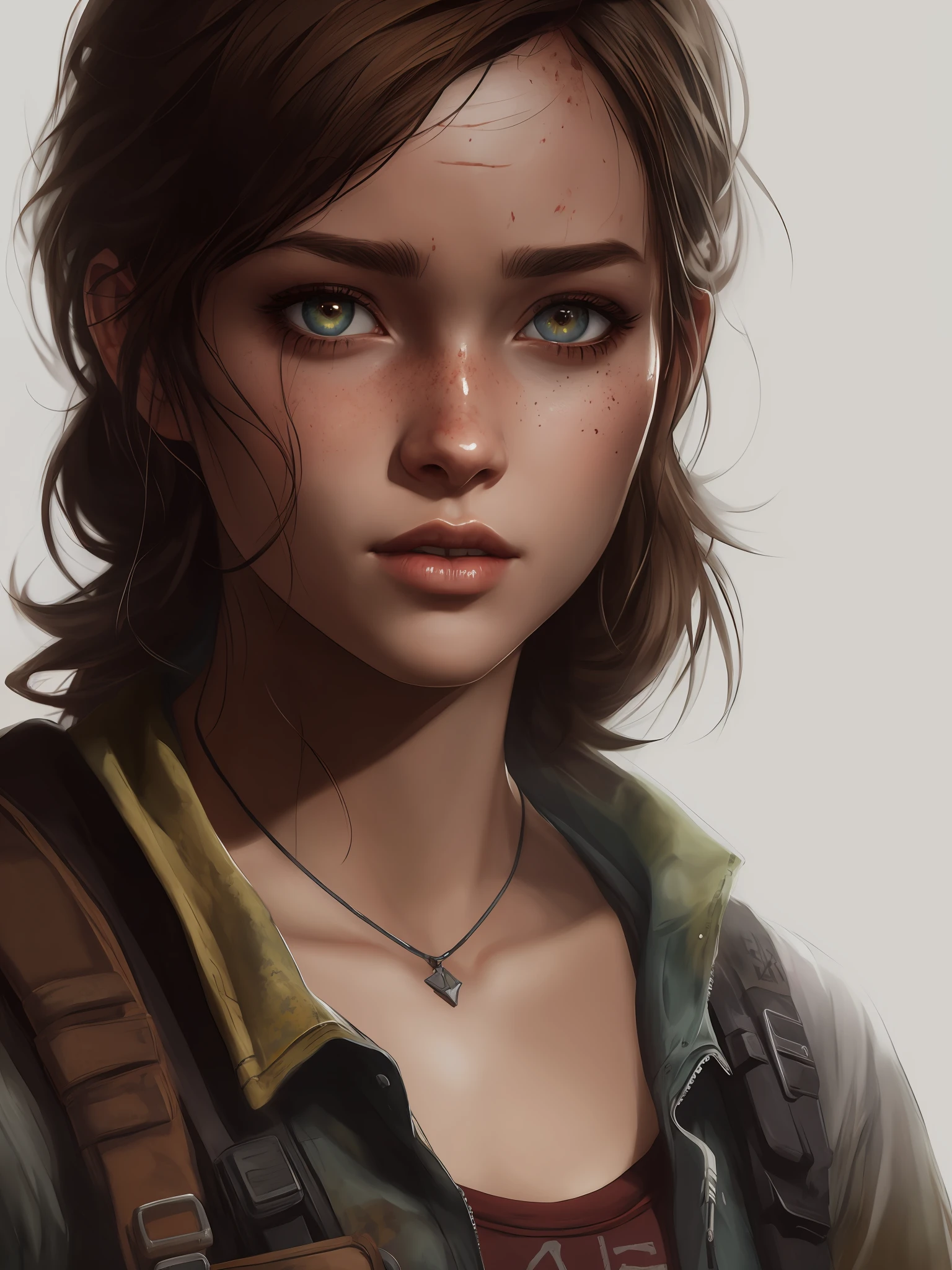 (melhor qualidade) uma foto em preto e branco de uma menina, com os olhos azuis, com um olhar vingativo e arredondados, olhos azuis, Ellie (last of us), Ellie, the Last of Us, a scorpion scar on the forehead, arte digital de videogame, Art not Guweiz style, Luscious ) In The Last of Us, Wojtek FUS, arte do retrato do personagem, last of us, retrato da arte do personagem, Iconic character of high detail, Pintura Digital HD