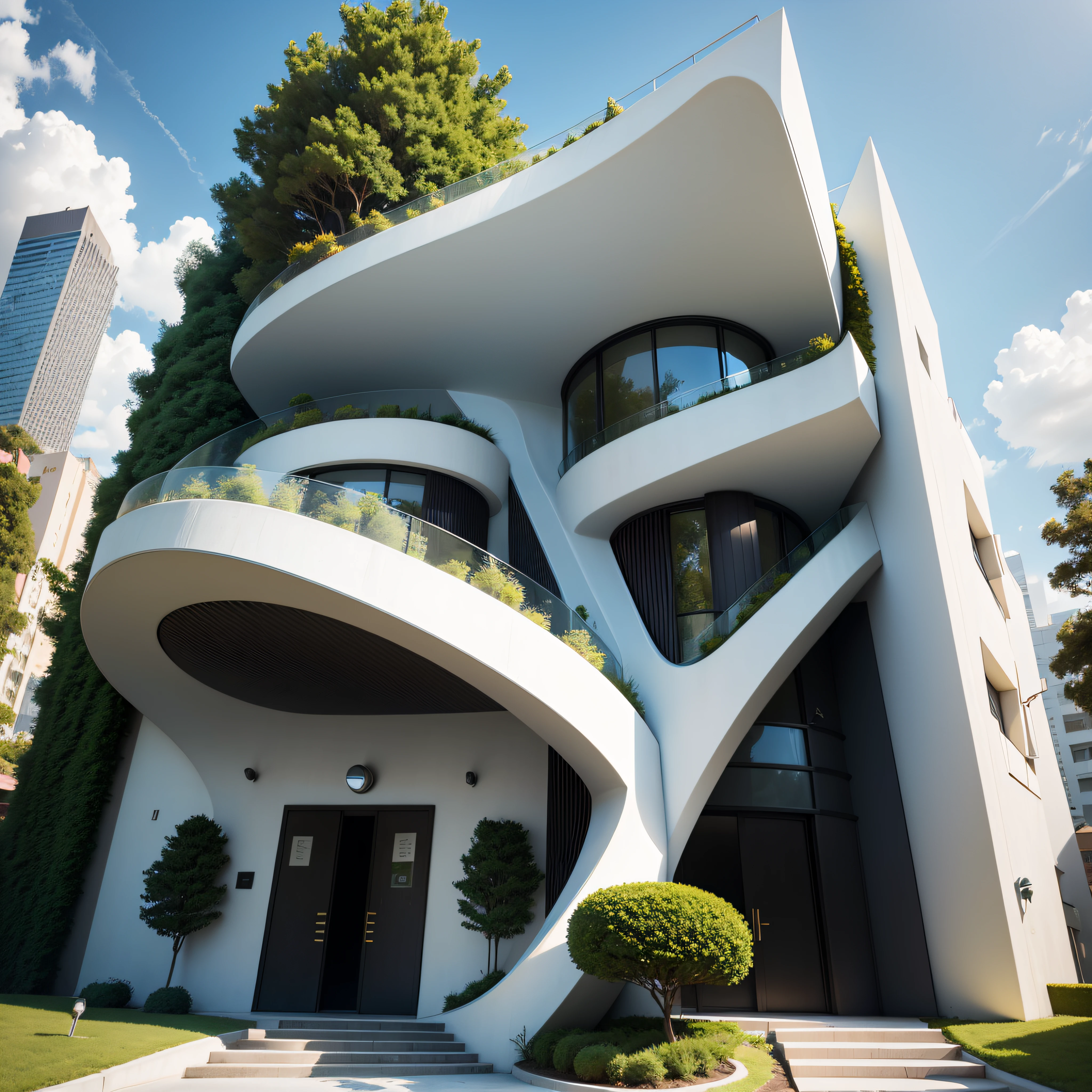 Uma casa de 15metros de largura e 8metros de altura em uma cidade futurista projetada por Zaha Hadid, uma casa futurista, A modern building, jardim na frente da casa, sidewalk in front of the garden, imagination, a fusion between the future and the past, jardins suspensos, The Hanging Gardens of Babylon, sustentabilidade, tecnologia do futuro, casa de dois andares, architectural creativity, nova cultura, Self-sufficiency, the golden ratio, uma bela casa no meio da imagem, um fundo desfocado, a building, espalhar, cores rosa, naturais, cores calmas, obra-prima, arte, best resolution --auto