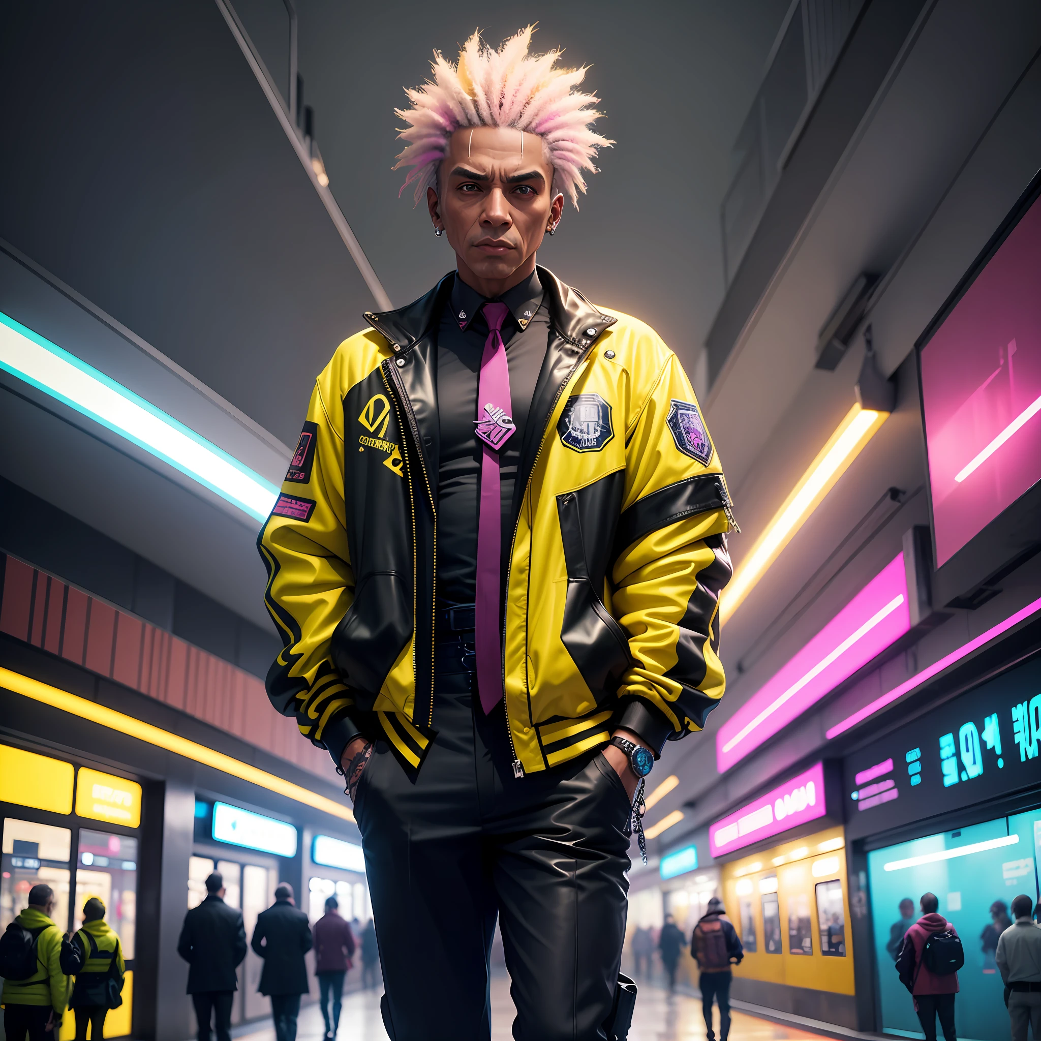 gostaria de uma imagem estilo cyberpunk em 4k de um homem de mais ou menos 50 anos , forte, de pele negra ,com cabelo punk estilo anos 80 na cor amarelo e cinza escuro,muito eLegante,, futurista e estiloso neon , com uma tatuagem super colorida e com neon ,Toattoo, facing a metro station on the platform , with station lights failing in a dimly lit environment, standing dressed in a dark yellow suit with a pink bow tie