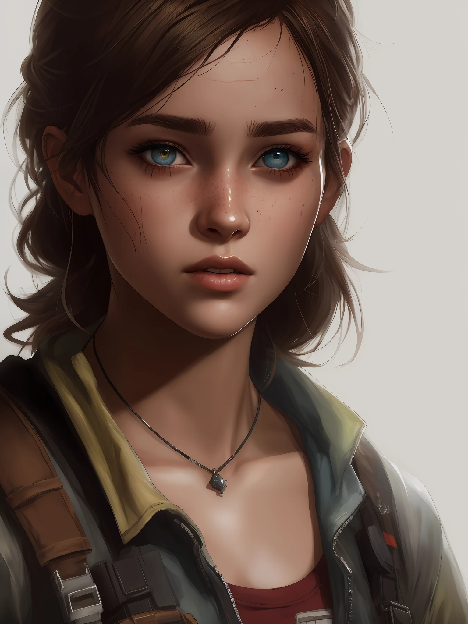 (melhor qualidade) uma foto em preto e branco de uma menina, com os olhos bem azuis, com um olhar vingativo e arredondados, olhos azuis escuro, Ellie (last of us), Ellie, the Last of Us, a scorpion scar on the forehead, arte digital de videogame, Art not Guweiz style, Luscious ) In The Last of Us, Wojtek FUS, arte do retrato do personagem, last of us, retrato da arte do personagem, Iconic character of high detail, Pintura Digital HD