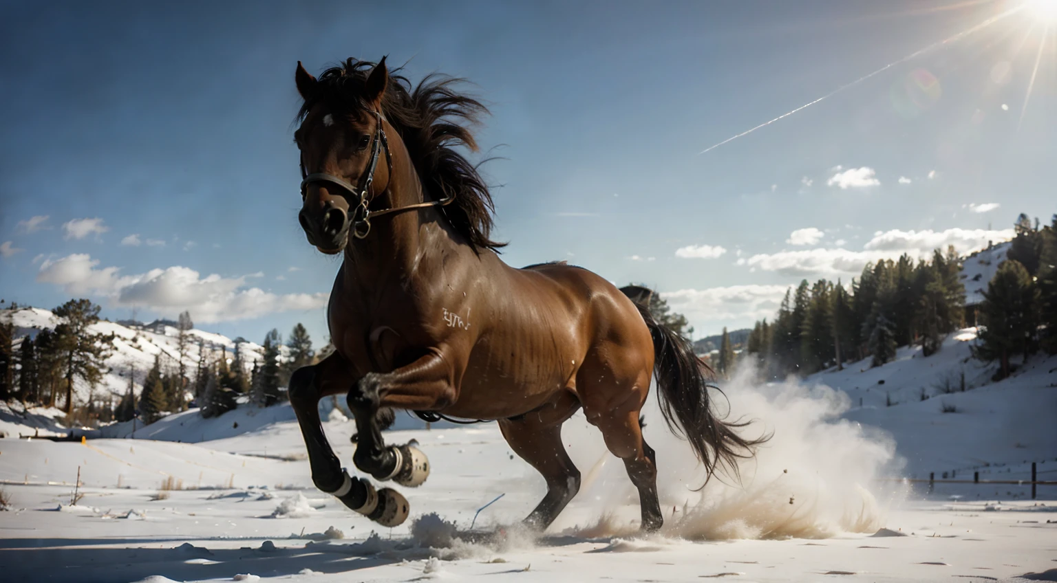 master part, ((sem pessoas)), um cavalo mustang preto forte e poderoso correndo da frente, Front view, Correndo livremente, ((Cavalo Mustang Preto)), Yellowstone, luz solar, raios de sol, grama, neve