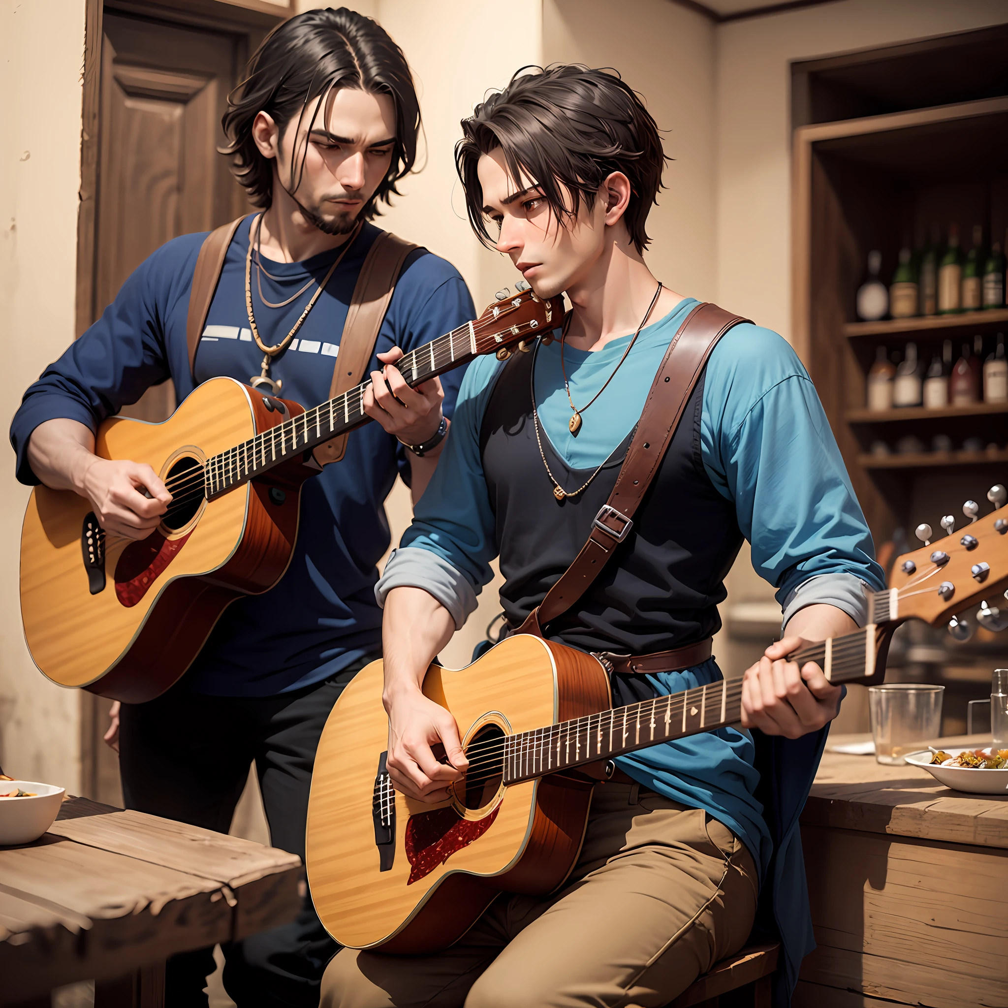 Um bardo medieval com cabelo preto e pele prateada , His clothes are in a shade of blue with red detail., tocando um cavaquinho em taverna , no estilo de Dragon quest --auto