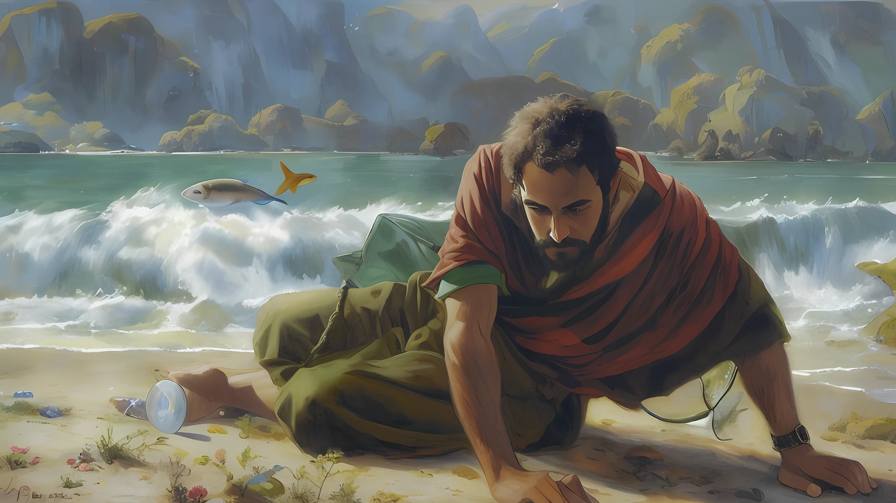 John and the fish, Greg Olsen, Nicodemos, portrait of John, o Senhor e Salvador, He's greeting you warmly.