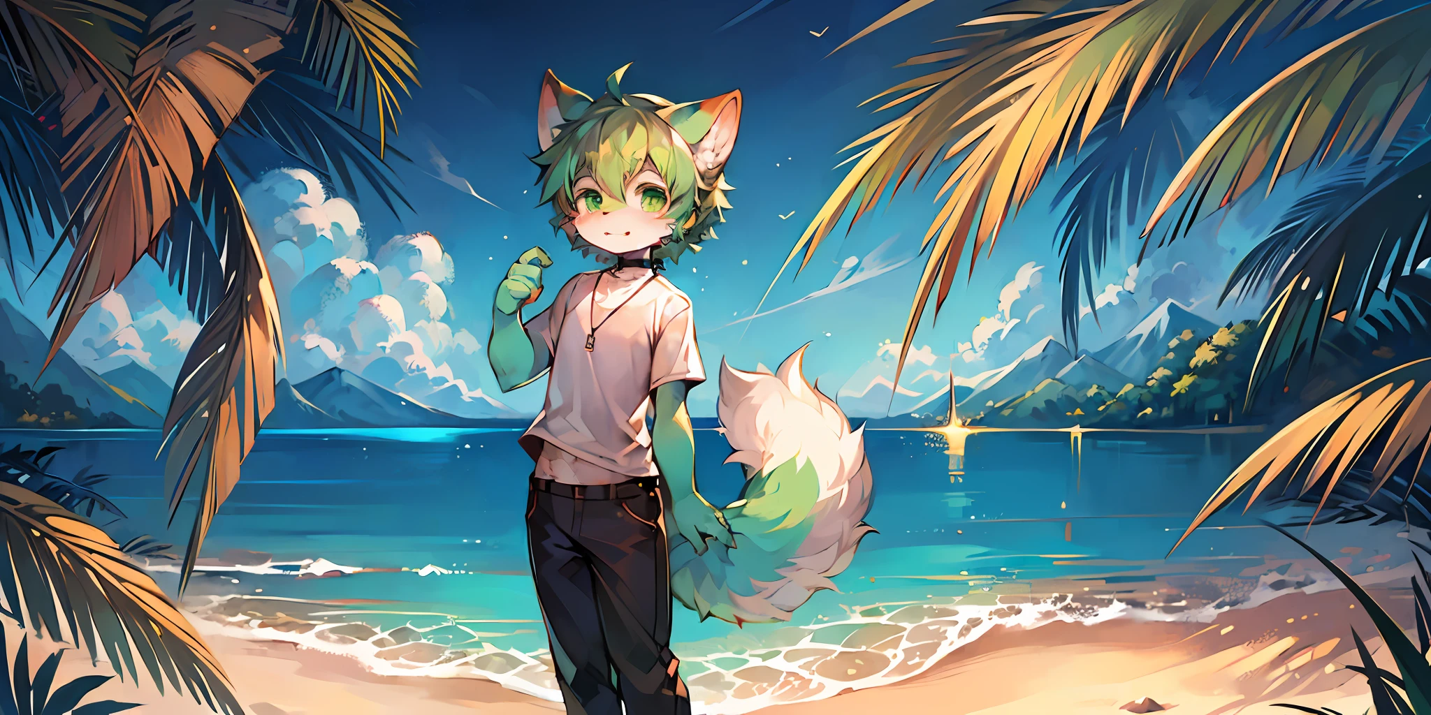 (Bright environment、warm color:1.5),masterpiece,high quality,abstract res,digital painting\(artwork\), by dagasi, yupa,kiyosan,(anthro,fluffy fur,character focus:1.1),anthro male cat,short hair,portrait , eyes with brightness, in a panoramic view, Character focus.(detailedbackground:0.8),Alone，shaggy, shaggy male, malefocus, anthr,(Full Body Furry, Fluffy tail, Dark green fur, Light green eyes, Dark green hair、Dark green feet with hair:1.3), (long canines、white short sleeve、shorter pants、choker necklace：1.3），（the sea、sandbeach、swell sea、coconut palms、Daytime morning、rays of sunshine、Cool light and shadow：1.2）