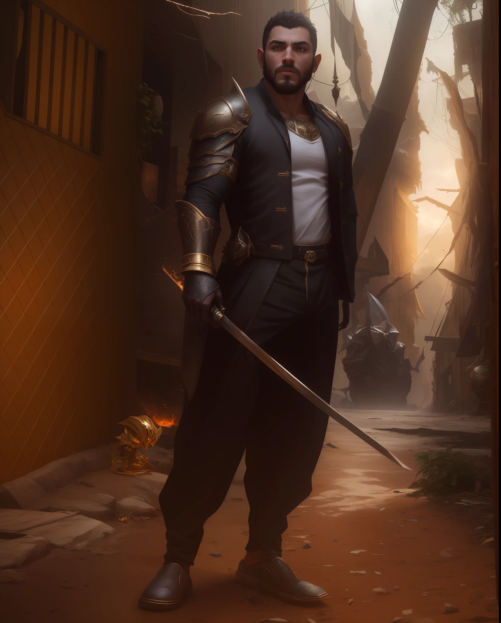 armadura de ouro, Arte de Fantasia, enemies starting to panic, besta do inferno, demonio, White Fire Sky, guerreiro, homens, Werelion, realista, altamente detalhados, Motor irreal, 8k de luxo