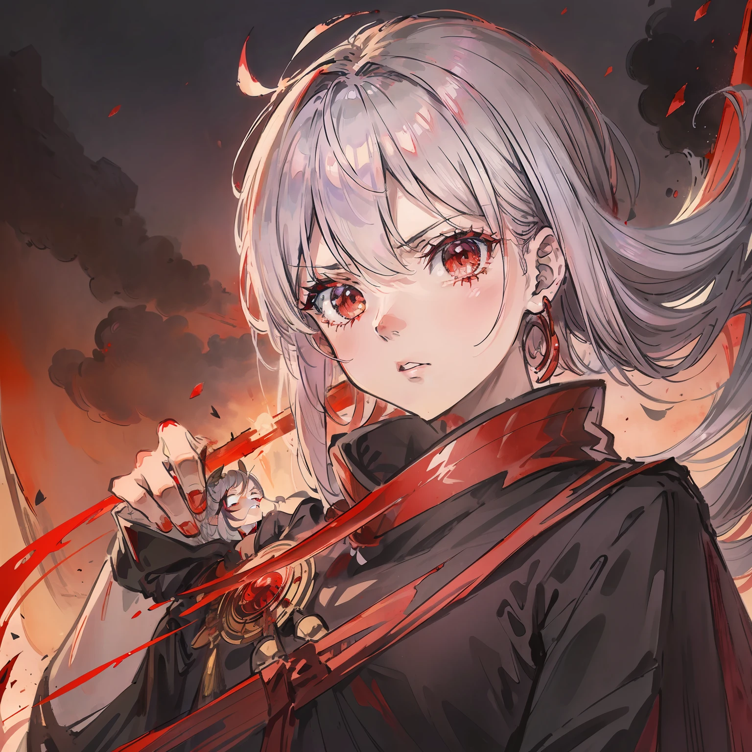 A girl with silver hair and golden eyes,Red and black tunic,The face is cold,He held a long, narrow ancient sword in his hand。The background is a dark red sky,There was blood-red rain falling,A black-purple sword mark hung across the sky,There is a long river of blood inside it, like a waterfall。The girl's body was also intertwined with black and red thunder spots。