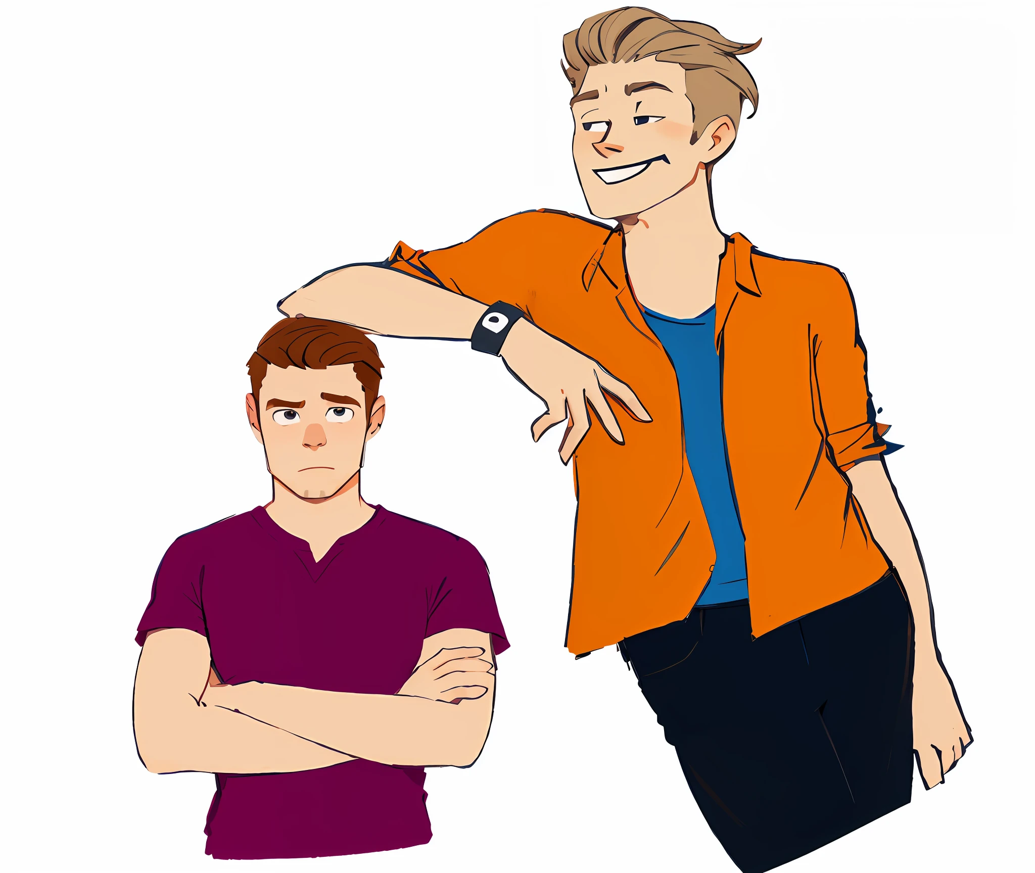 Cartoon of a man next to another man with his arm crossed,