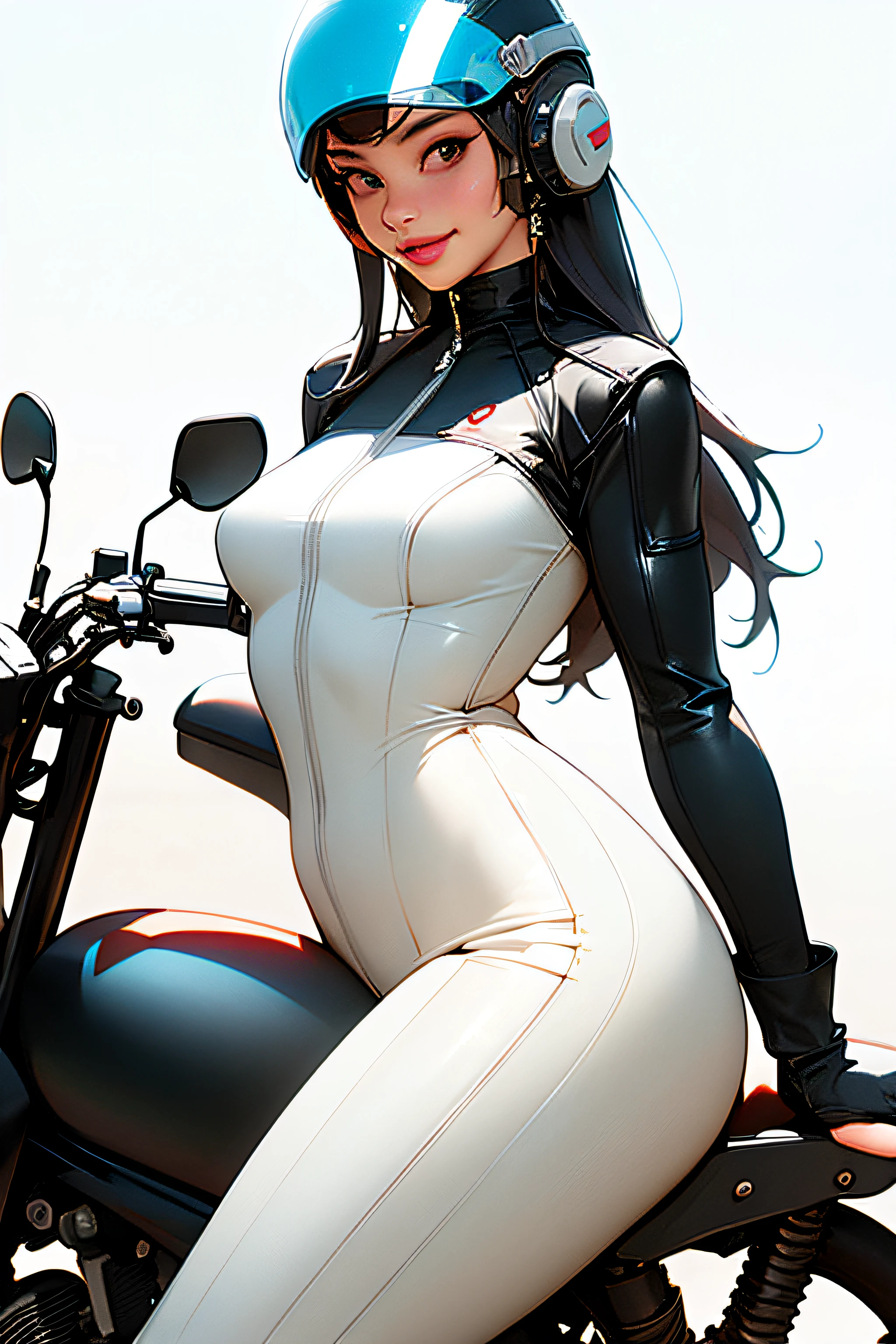 masterpiece, (masterpiece, top quality, best quality),1girl, solo, bodysuit, breasts, long hair, white background, smile, simple background, medium breasts, helmet, looking at viewer, skin tight, sitting, lips, blue bodysuit, motorcycle, black gloves, gloves