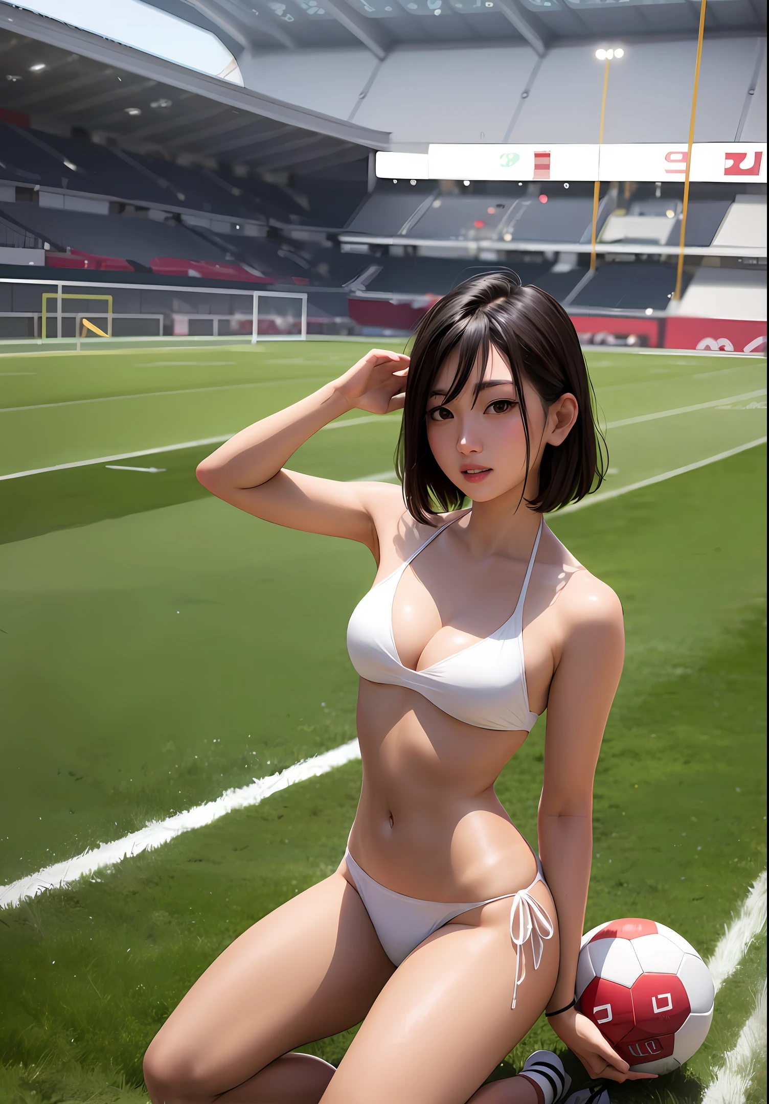 Asian woman in bikini posing with football, on a football field, On the field, Realistic young gravure idol, Seductive girl, Attractive pose, Sexy pose, Beautiful Asian girl, Sexy girl, Realistic sensual gravure idol, Photorealistic anime, Japanese model, Young sensual gravure idol, Japanese goddess, Asian girl，soccer ball，high qulity，dual horsetail