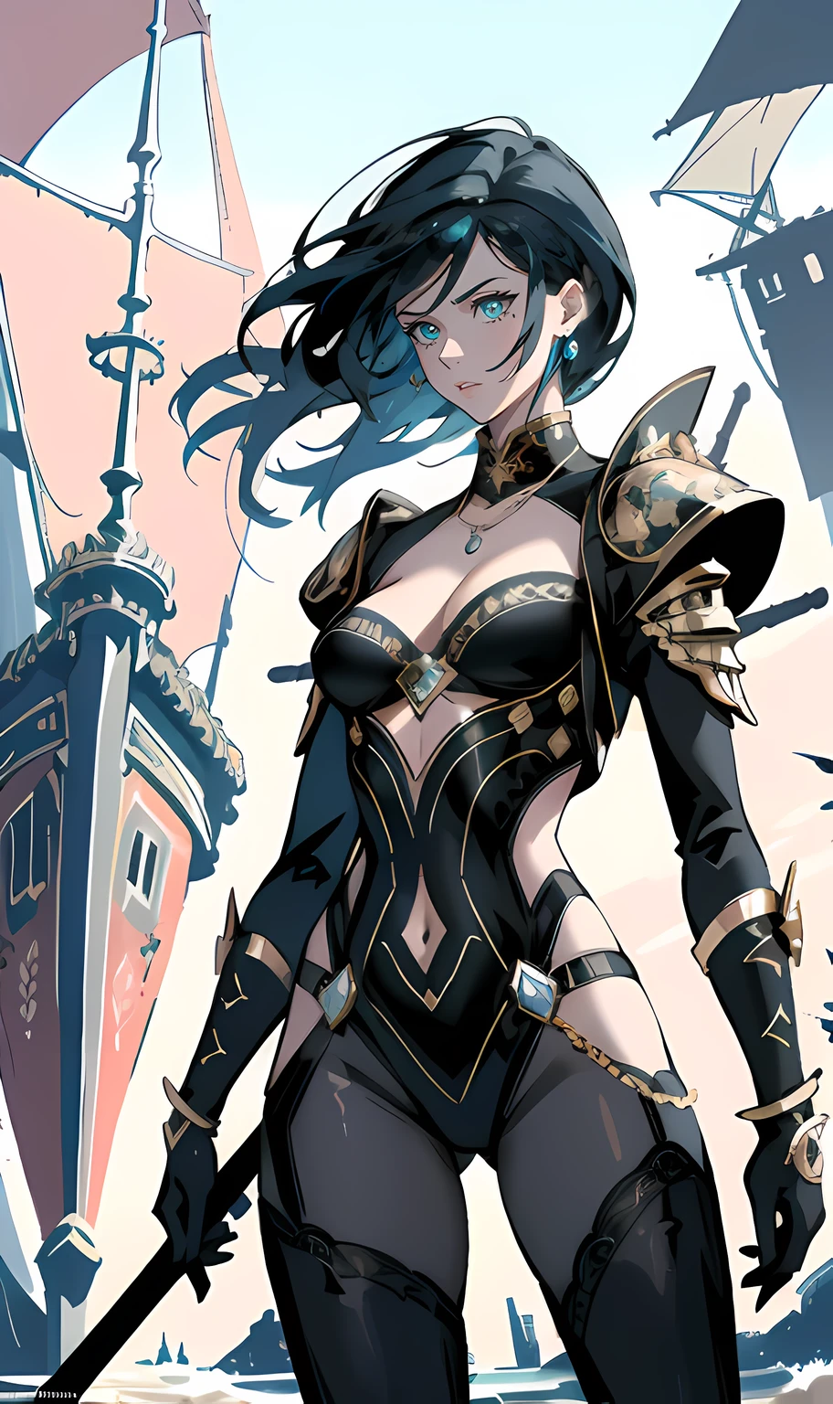 A rogue Siren pirate, her azure scales glistening under the harsh light of a burning ship at sea, 8k, high resolution. skin tight suit, pirate jacket overtop Her jet black hair, slicked back and gleaming, is offset by her eyes of molten gold, intense in the fire-lit chaos. Bedecked in a suit of iridescent coral and pearl armor, she wields her blunderbuss with formidable strength, standing on the ship's deck as the flames roar around her.