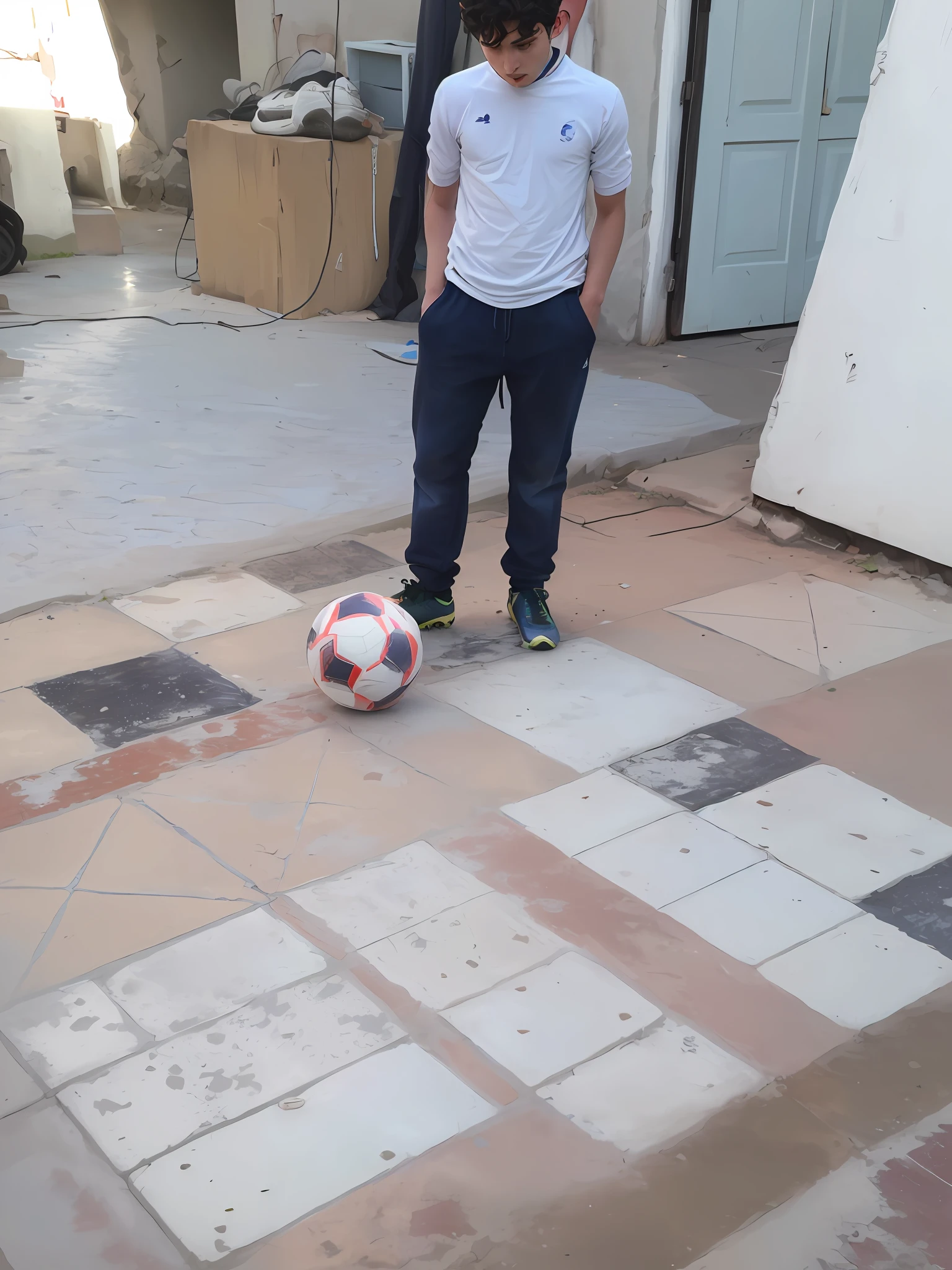There is a child standing on the ground with a soccer ball, playing soccer, Mohamed Chahin, Soccer ball, soccer ball soccer against her foot, 14 yo berber boy, dribbling, Baldosas, por Siona Shimshi, Stand sobre suelo de piedra, azulejos rotos, sosteniendo una pelota, futbolista, futbolista, Ahmad Merheb, Ganador del concurso