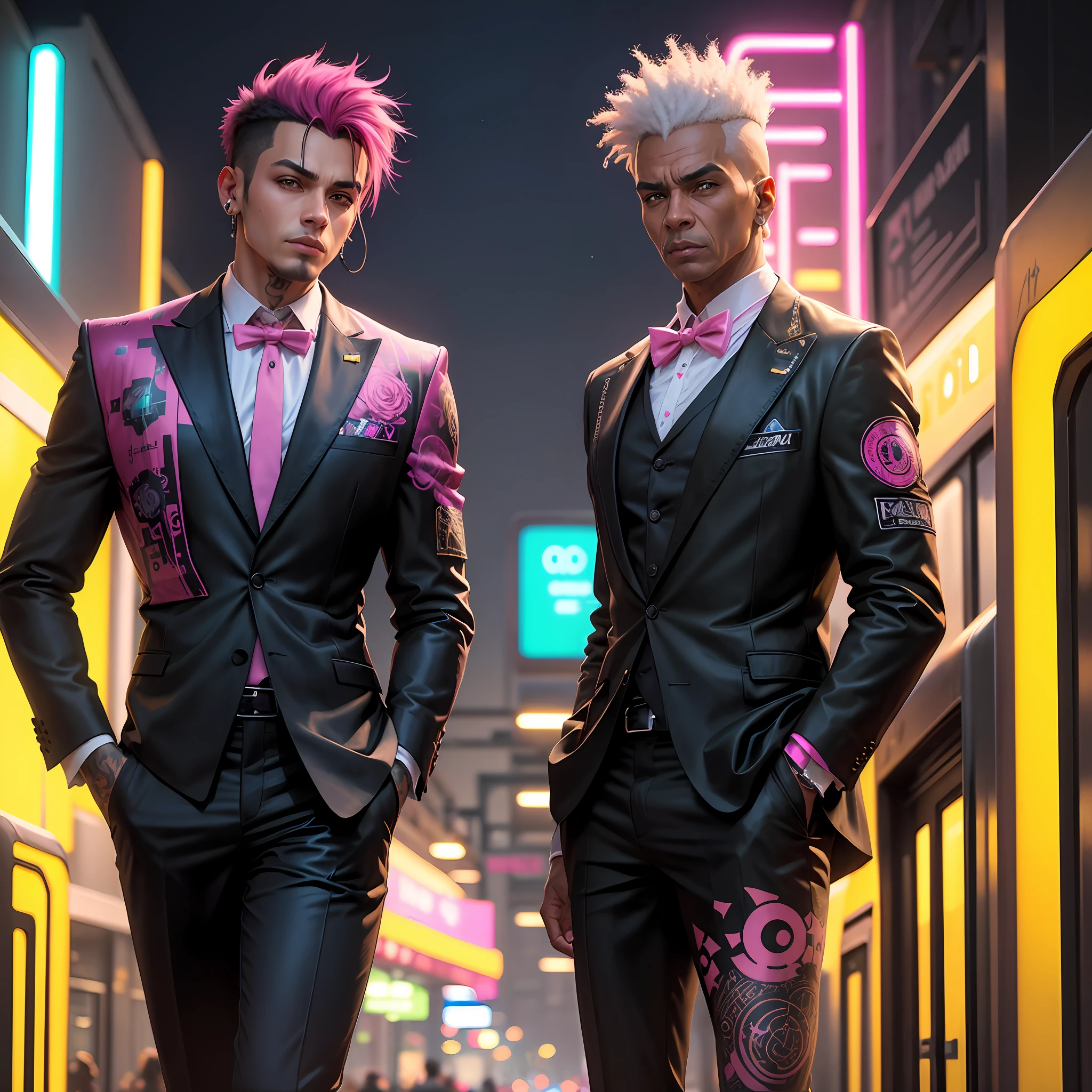 gostaria de uma imagem estilo cyberpunk em 4k de um homem de mais ou menos 50 anos , forte, de pele negra ,com cabelo punk estilo anos 80 na cor amarelo e cinza escuro,muito eLegante,, futurista e estiloso neon , com uma tatuagem super colorida e com neon ,Toattoo, facing a metro station on the platform , with station lights failing in a dimly lit environment, standing dressed in a dark yellow suit with a pink bow tie